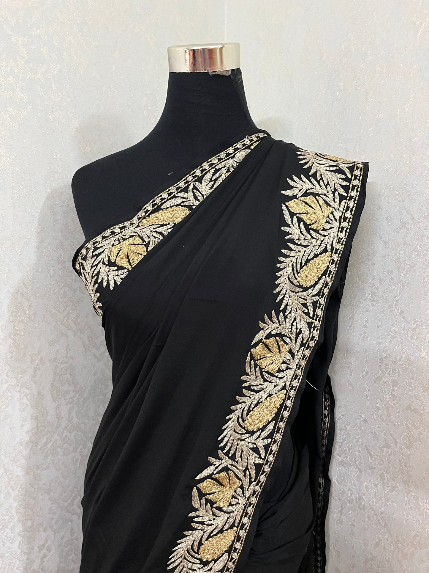 Black Crape Kashmiri Saree