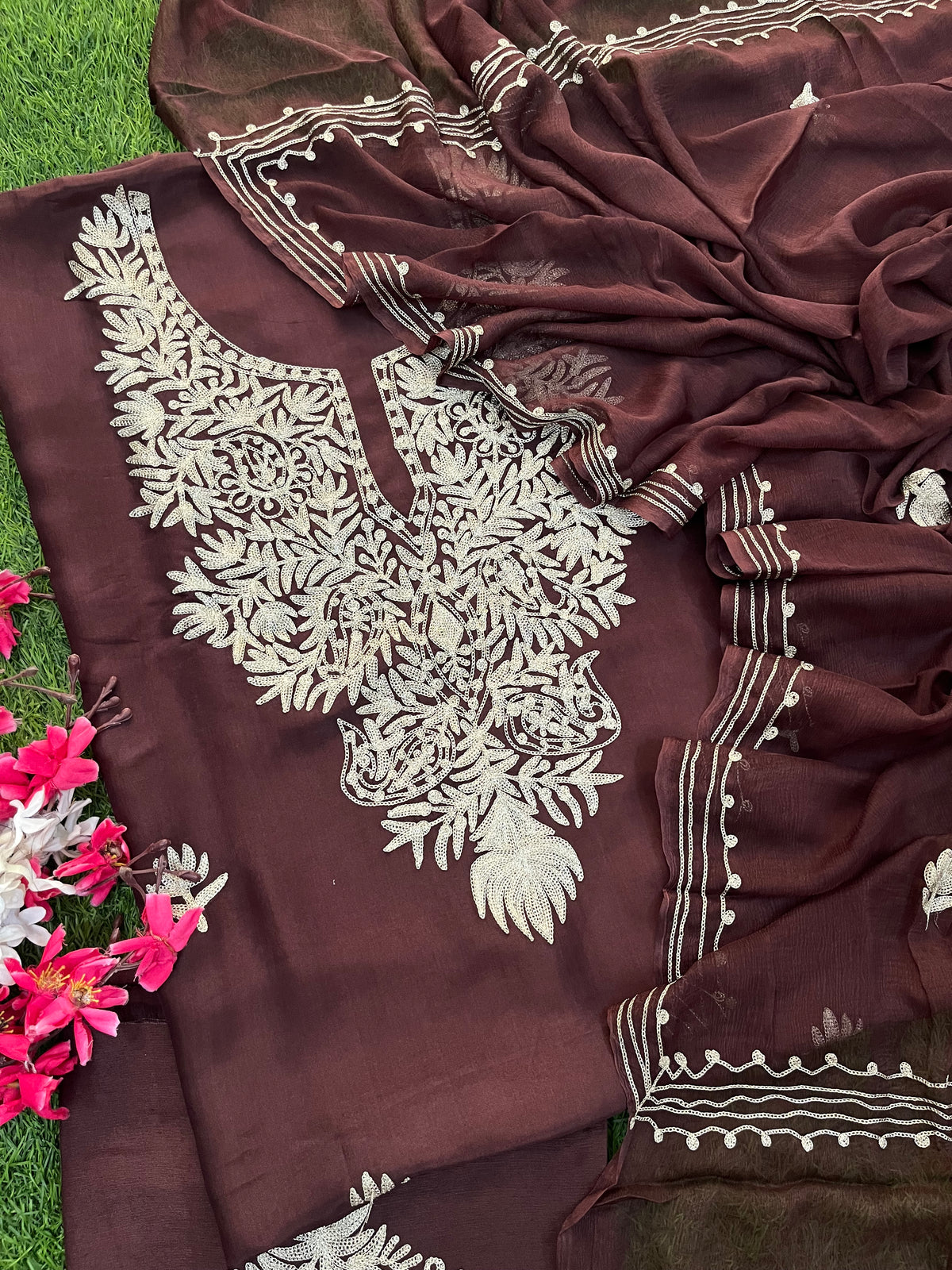 Brown Silk Tilla Kashmiri Suit