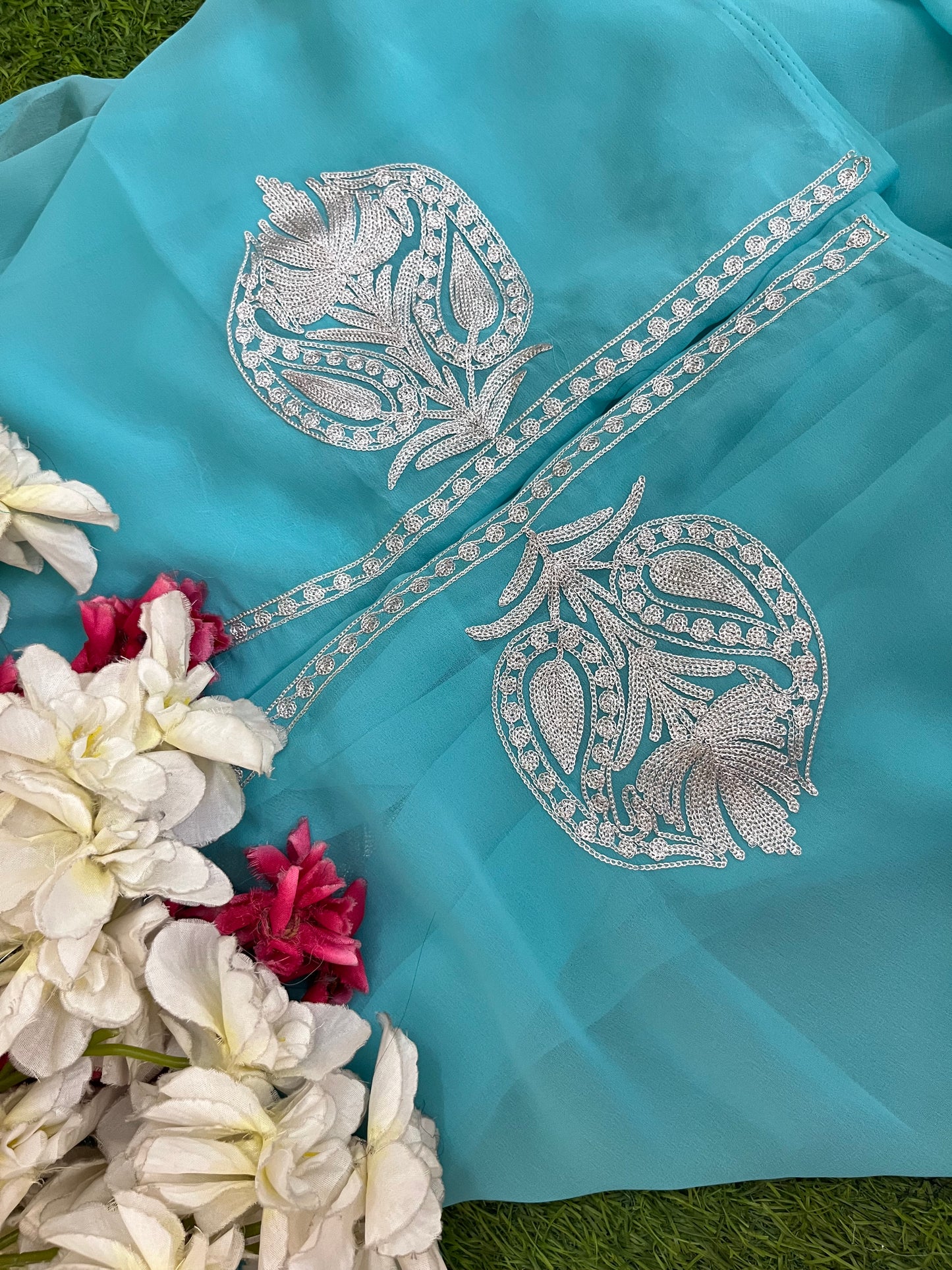 Sky blue Georgette 3pc Kashmiri Tilla Suit