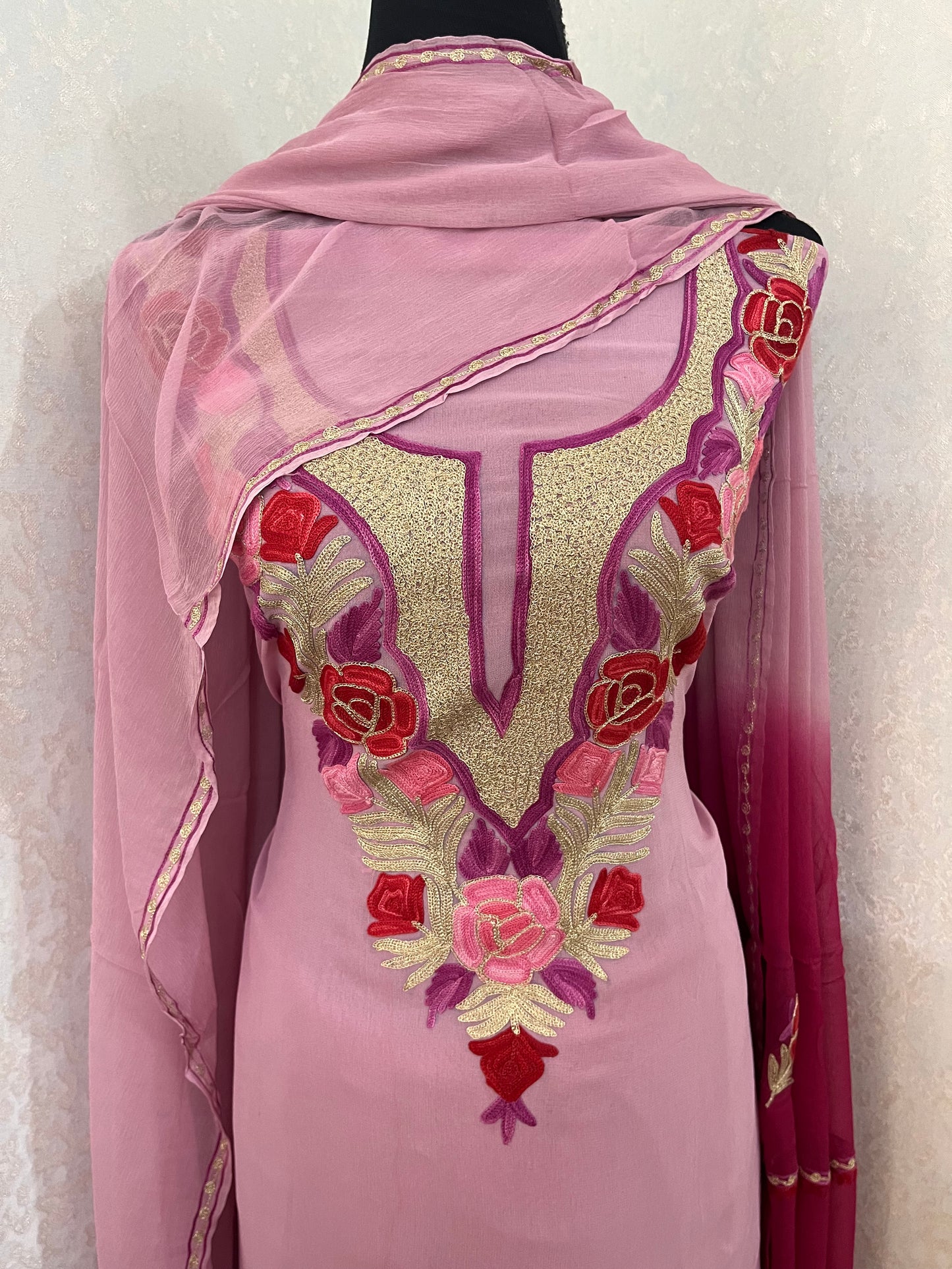 Baby Pink Pure Georgette Double Shade Kashmiri Suit