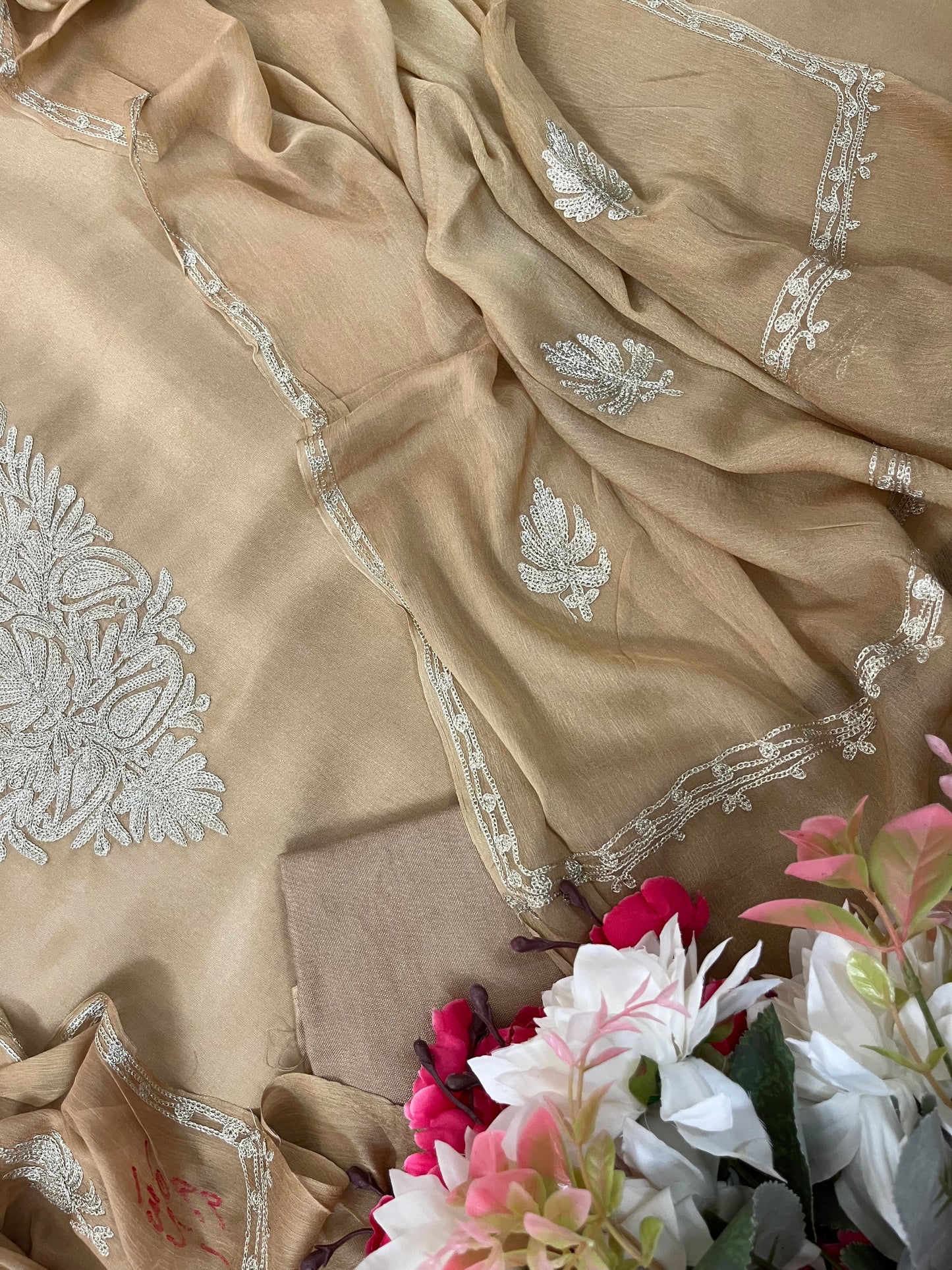 Sanam’ Golden Beige Silk Tilla Kashmiri Suit