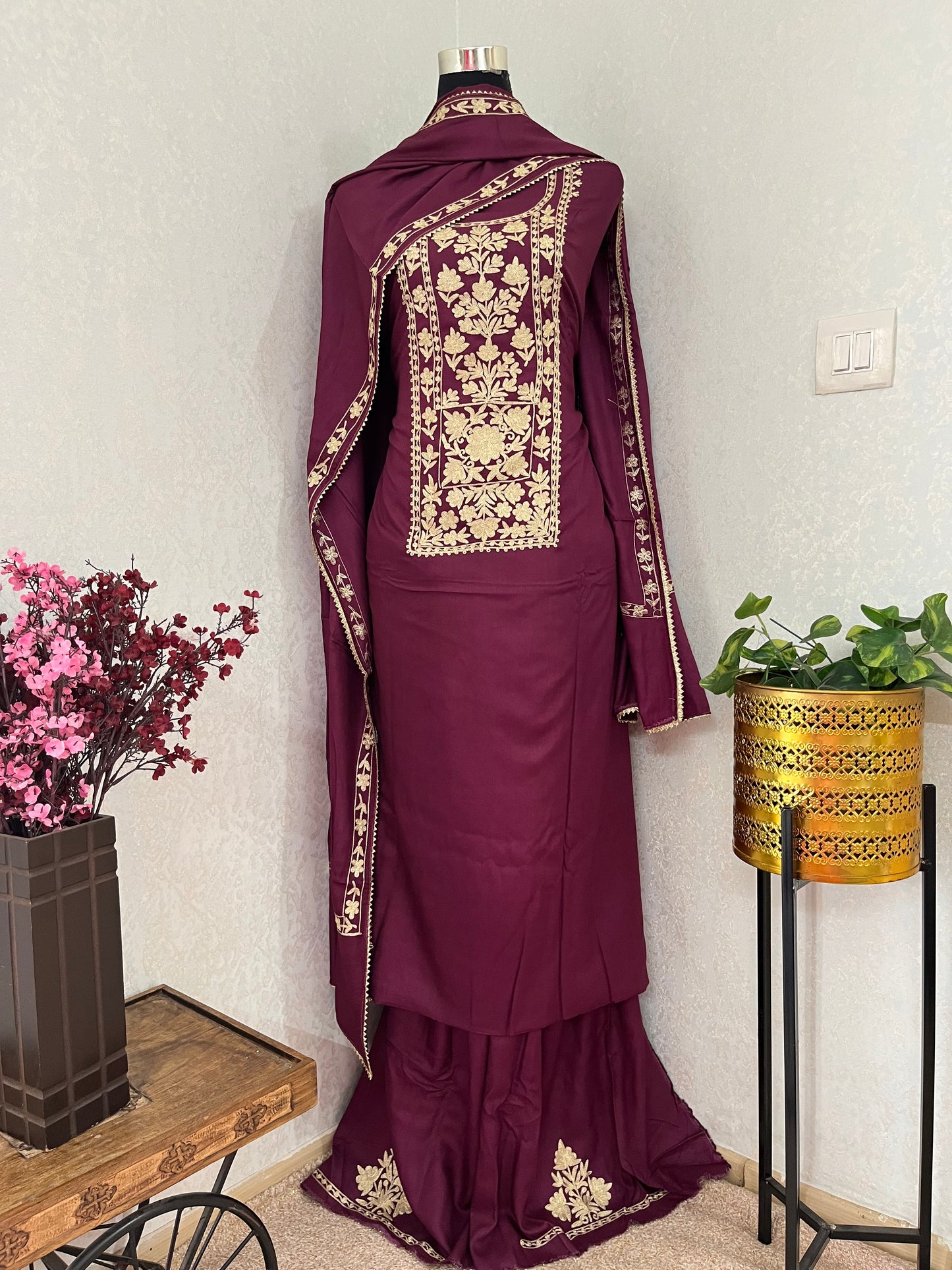 Wine Silk Pashmina Kashmiri Suit