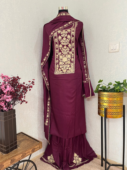 Wine Silk Pashmina Kashmiri Suit