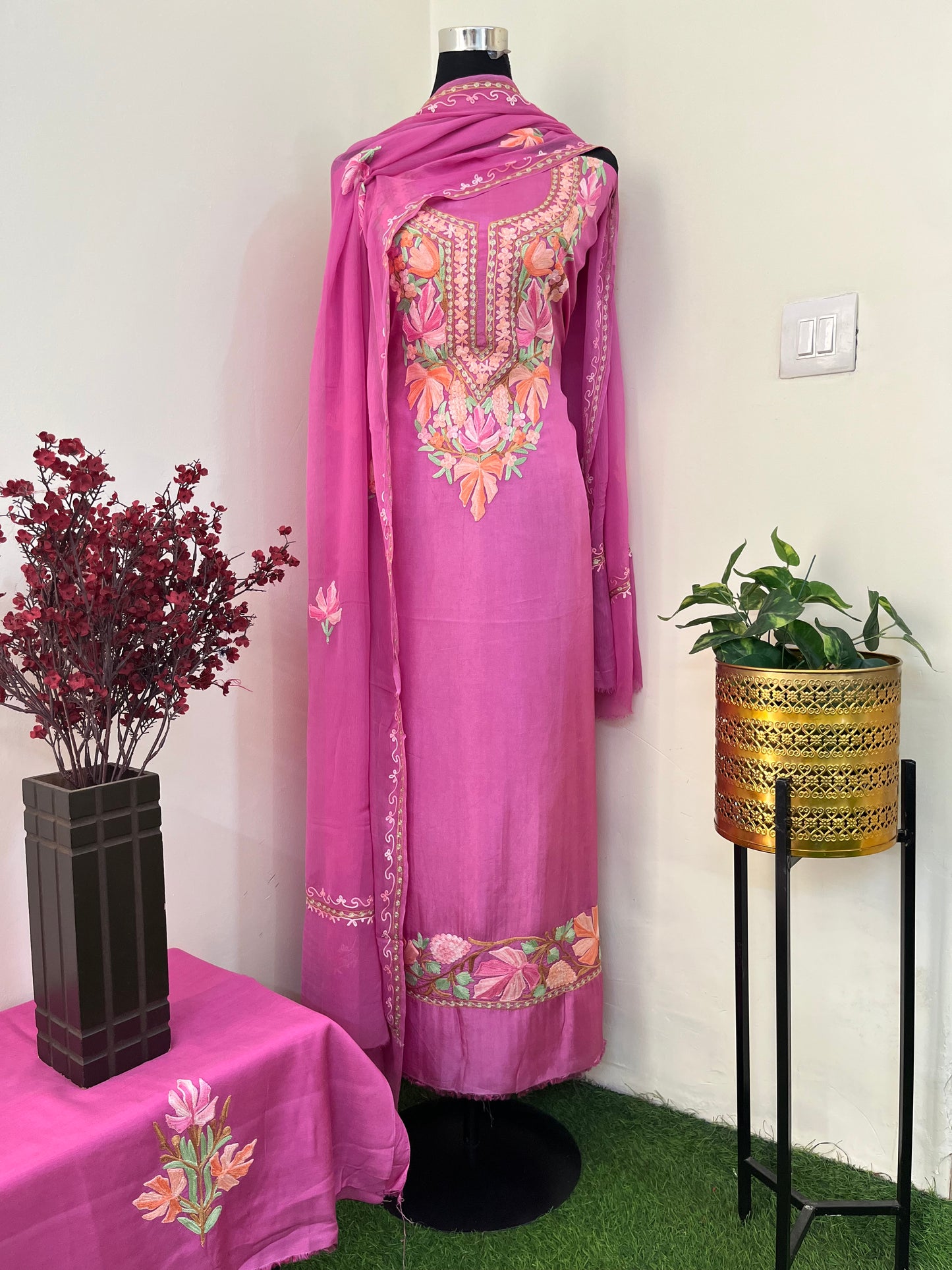 Mauve Opada Silk Aari Embroidered Suit material