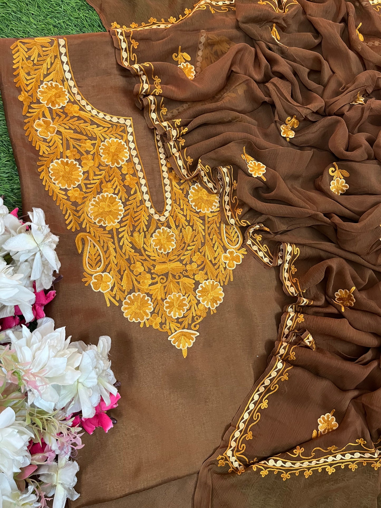 Soft Brown Opada Silk Kashmiri Suit