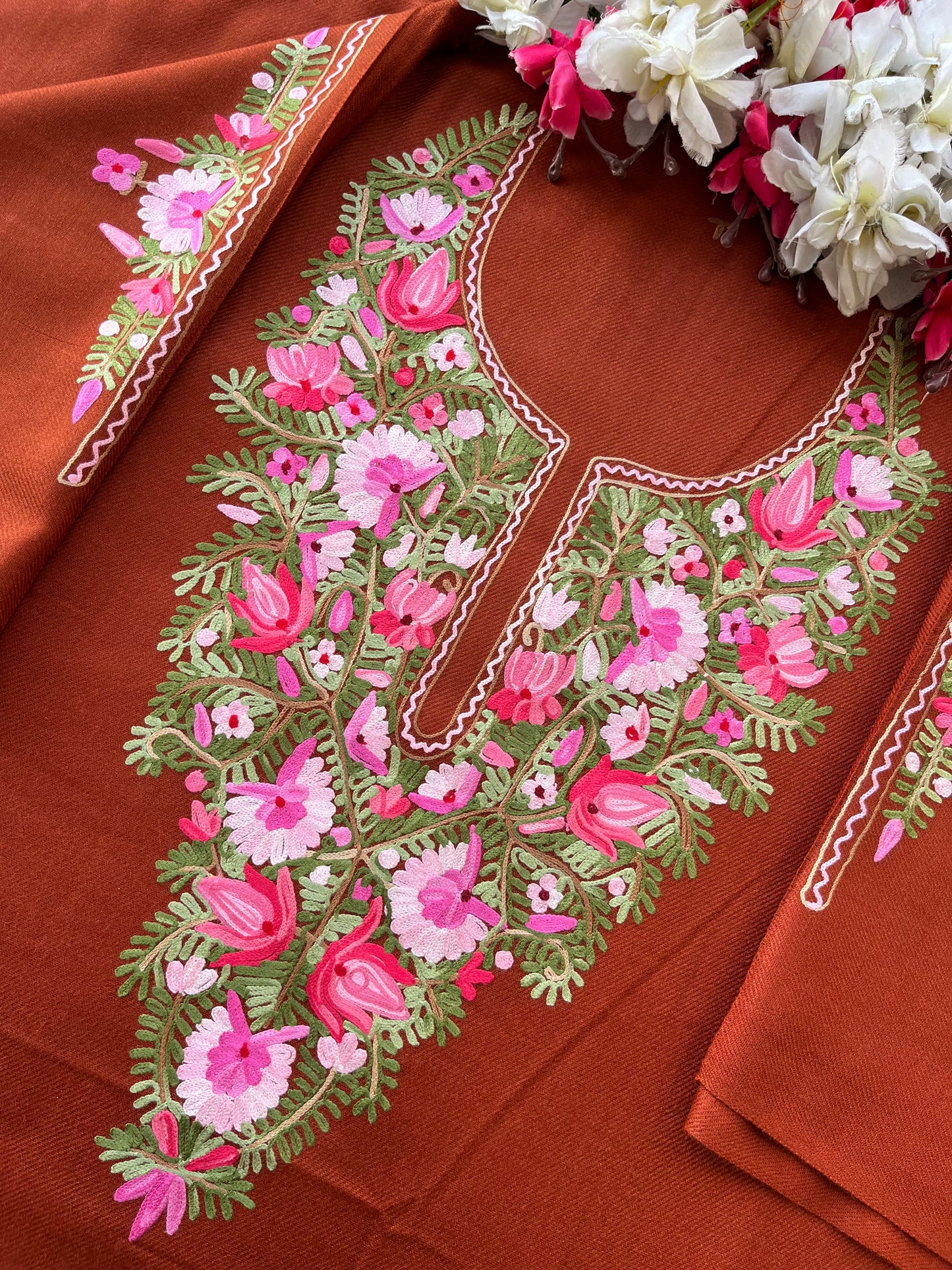 Rust Orange Woollen Aari Embroidered 2pc suit 5mtr