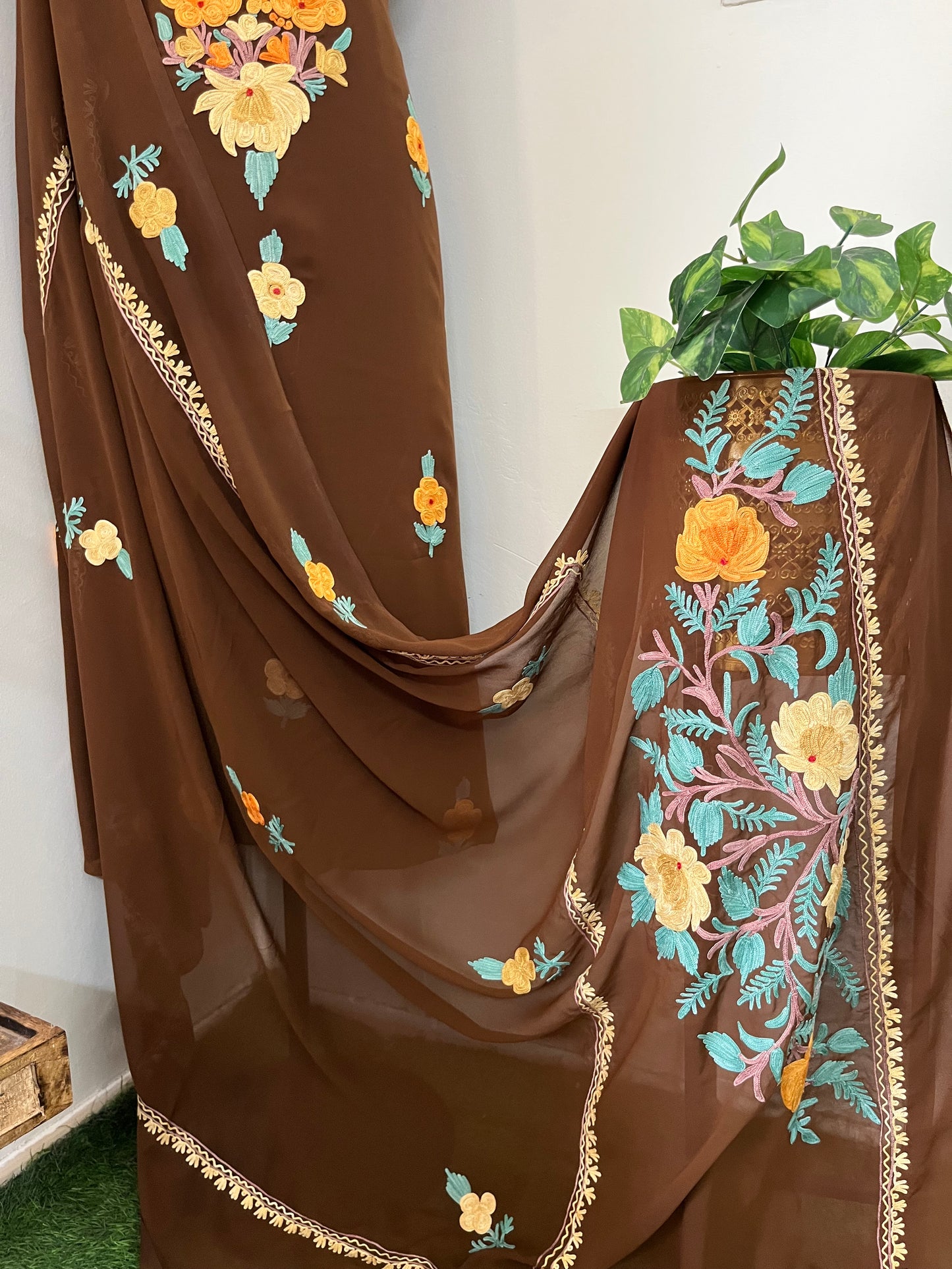 Coffee Georgette  3 Pc Aari Embroidered Suit