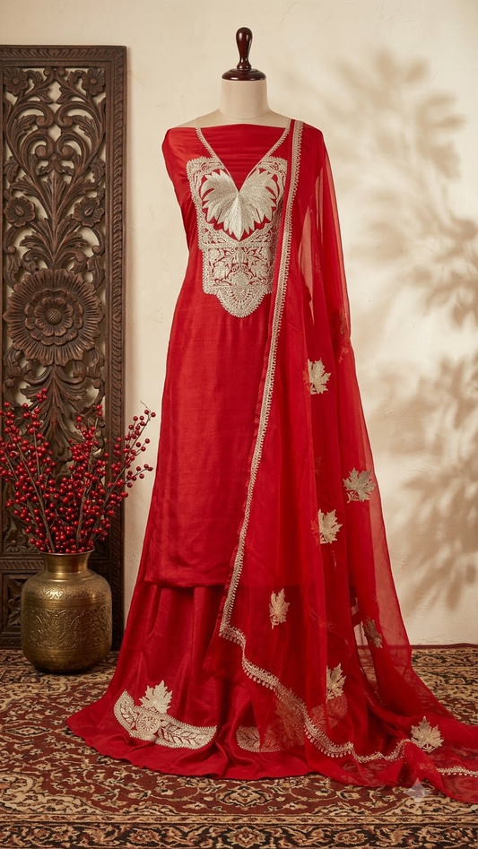 Red Silk Tilla Embroidered Suit