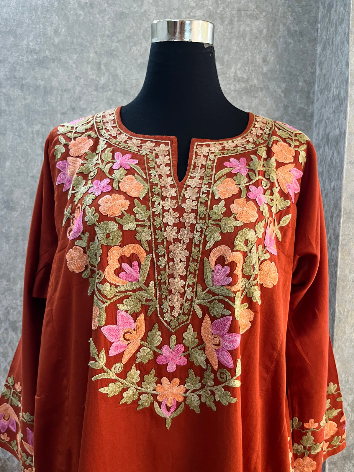 Brick Cotton Front Jaal Pheran Set  Size(44)