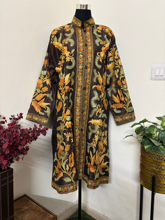 Chocolate Brown Aari  Embroidered Silk Jacket XXL