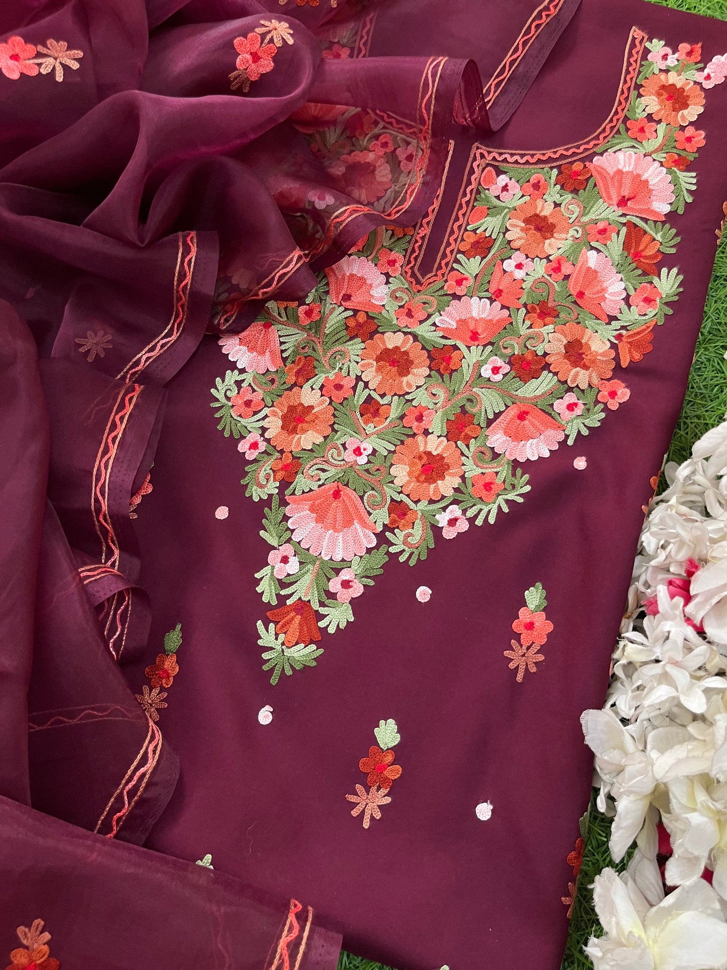 Wine Cotton Organza Dupatta Kashmiri 3pc set