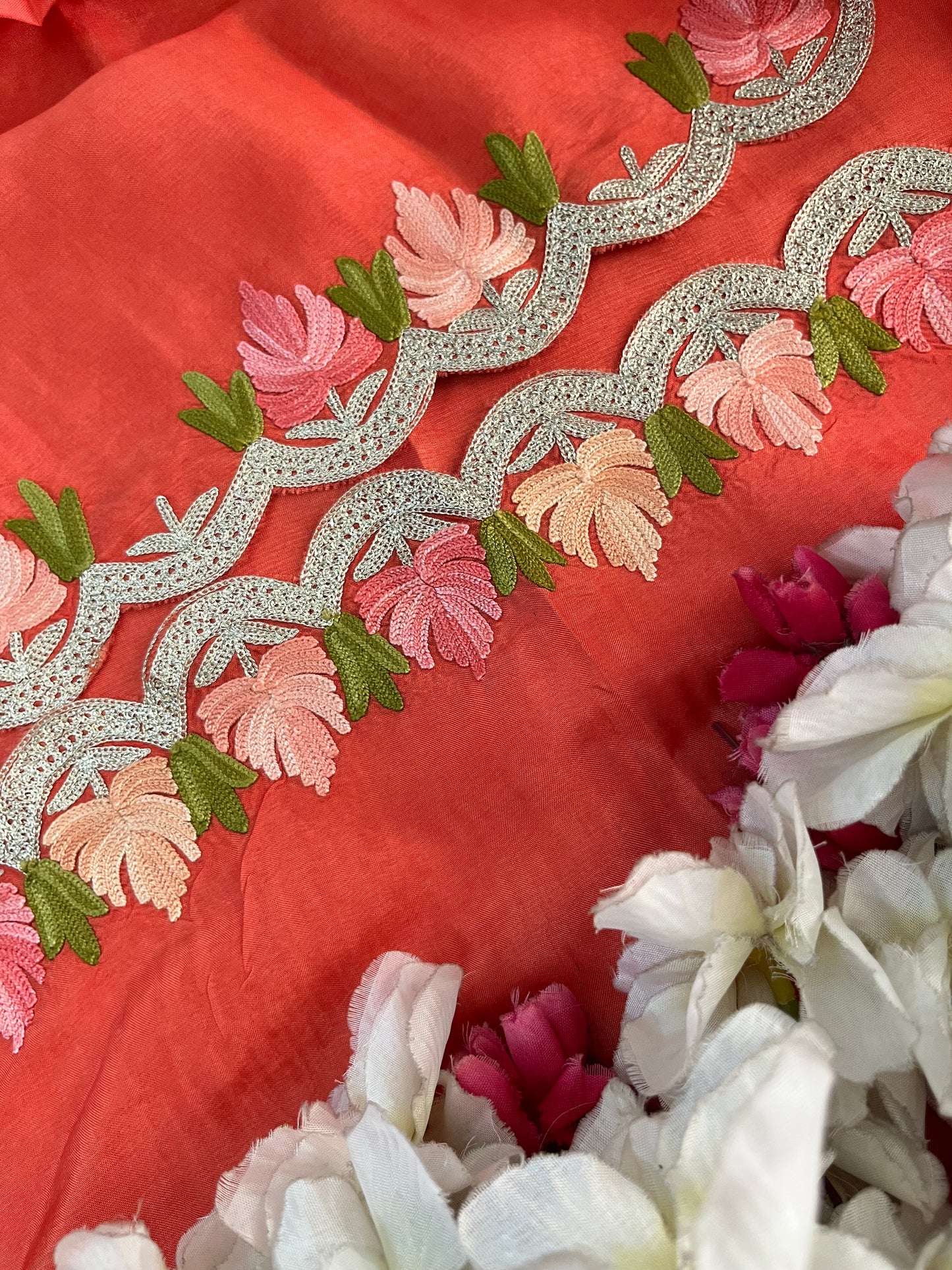 Sanam’ Orange Silk Aari Embroidered Suit material