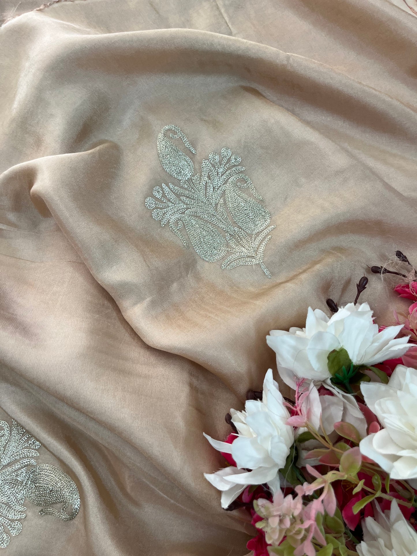 Peach Pink Sanam’ Silk Tilla Kashmiri Suit