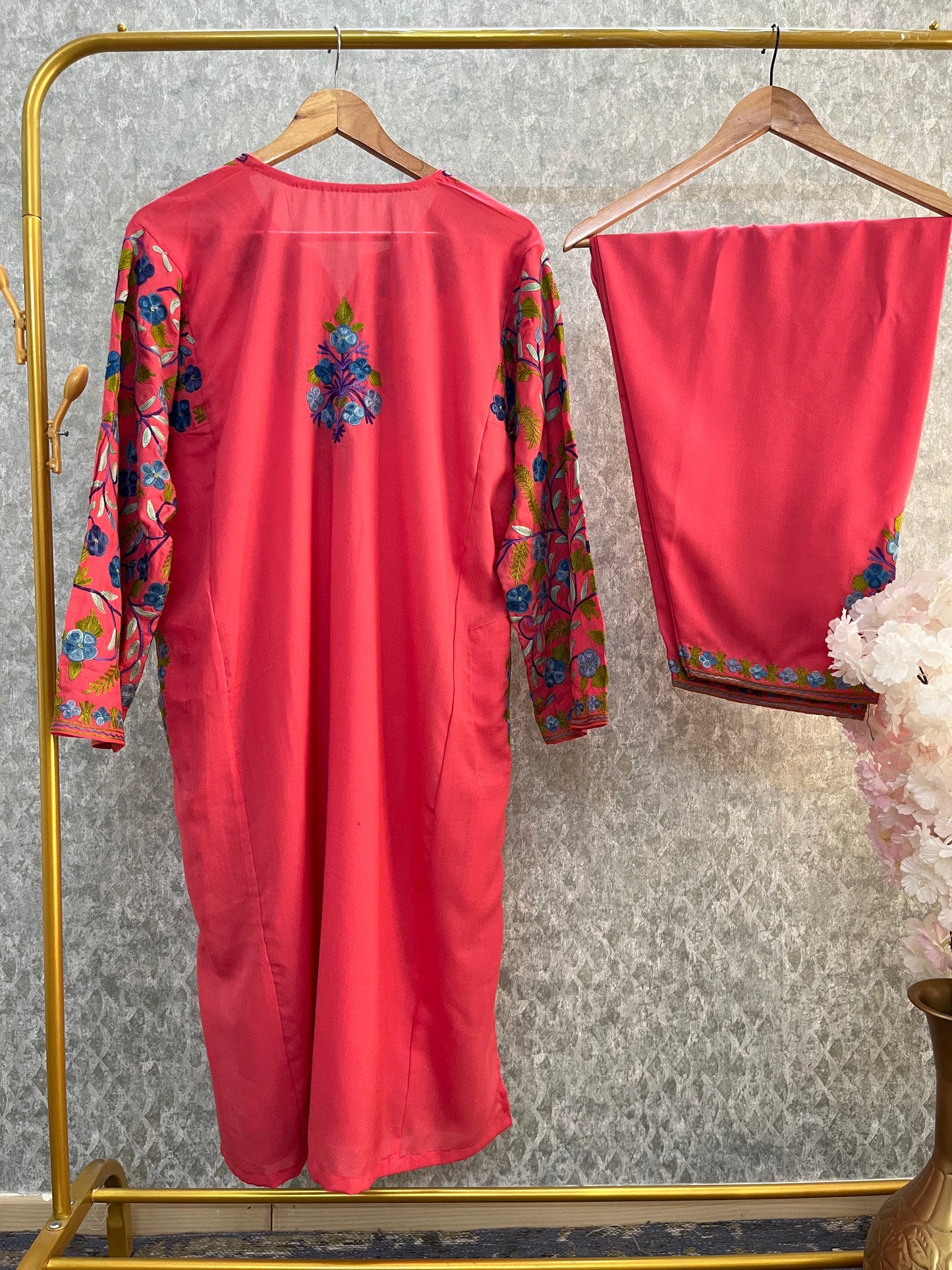 Carrot Pink Cotton Arm Jaal Pheran Set