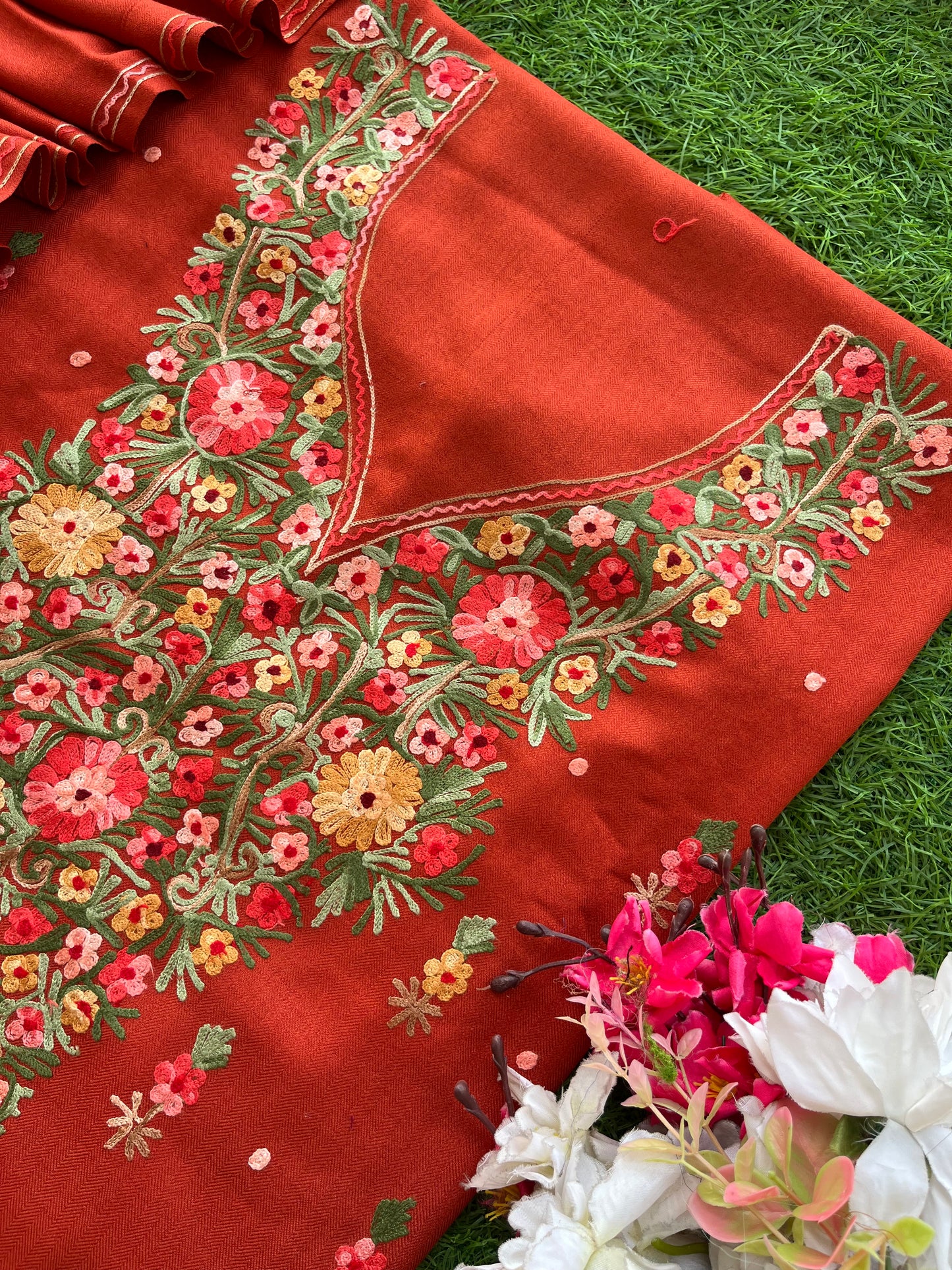 Rust Orange Woollen Aari Embroidered 3pc suit