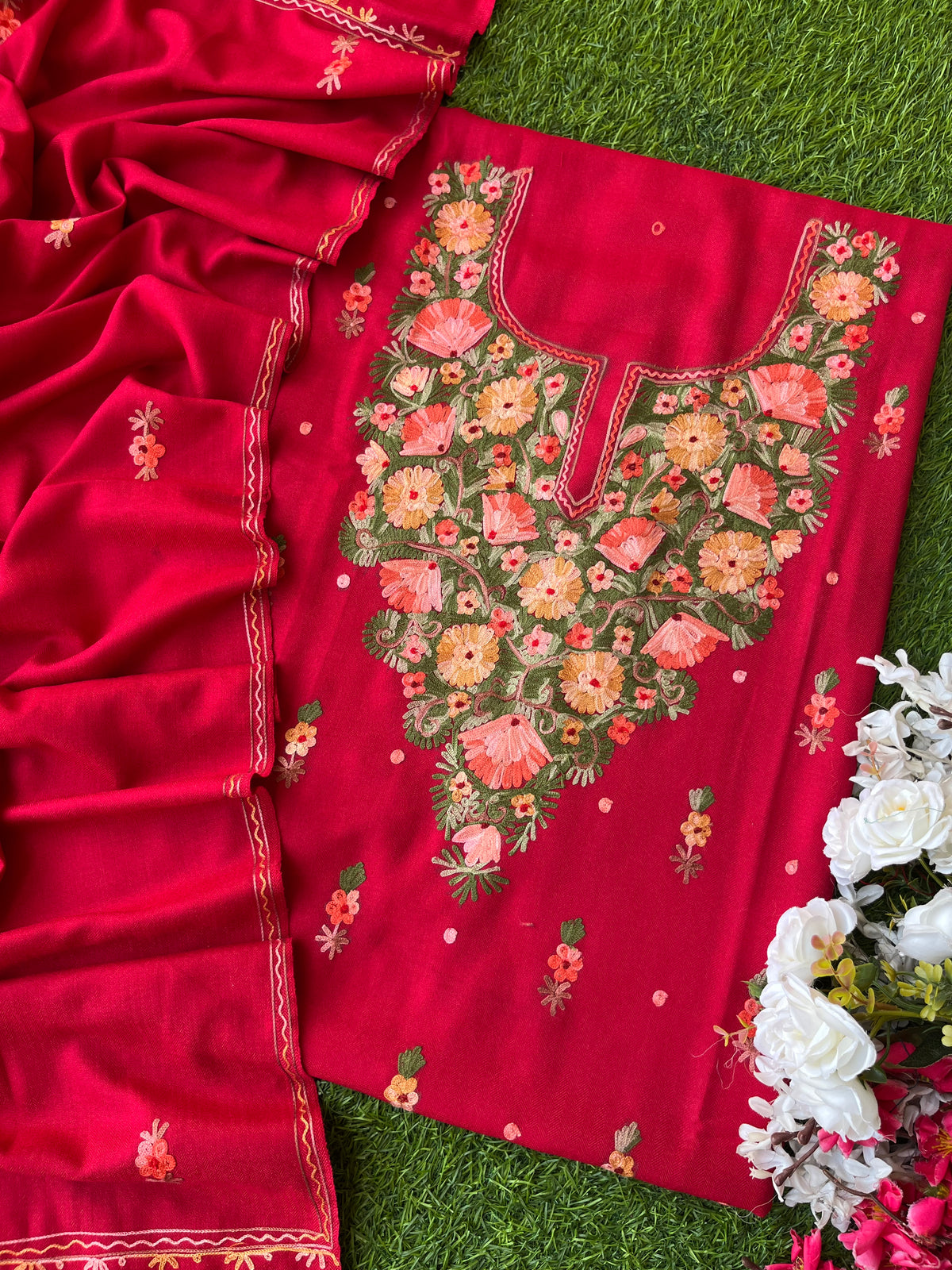 Red Woollen Aari Embroidered 3pc suit