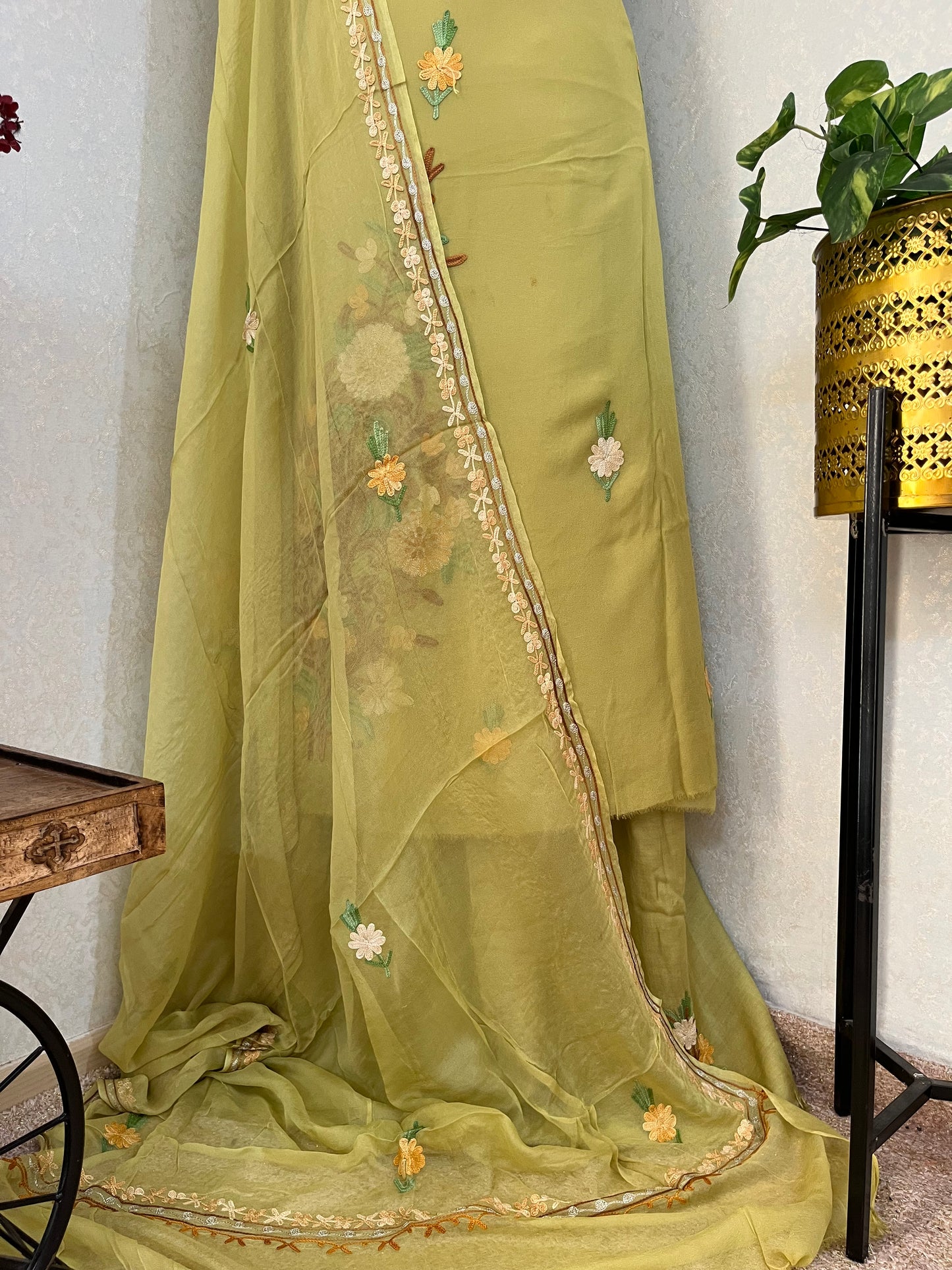 Lemon Green  Pure Georgette Aari Embroidered Suit