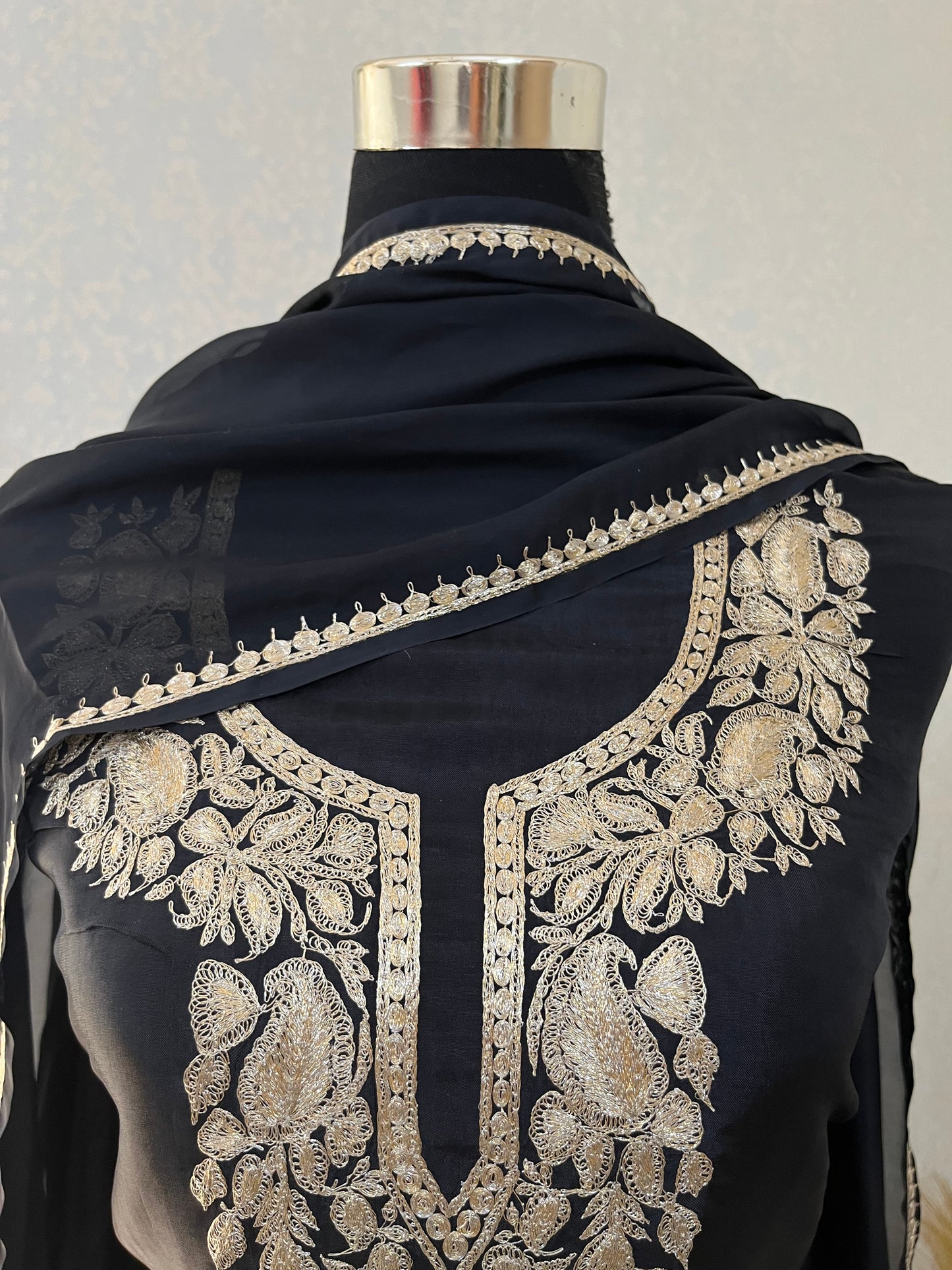 Black Silk Puff Tilla Embroidered Kashmiri Suit