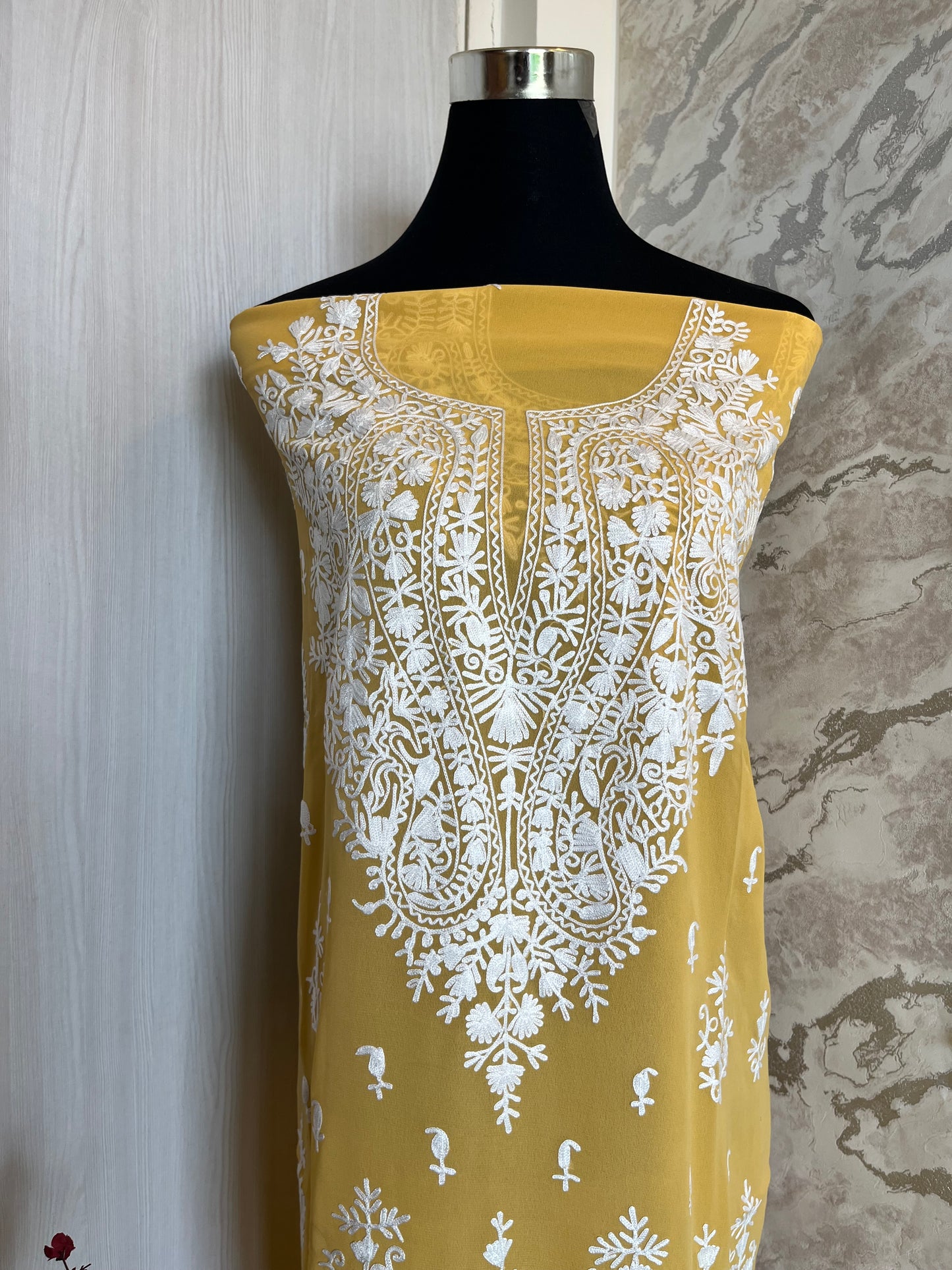 Georgette Yellow All over Work Aari Embroidered Unstitched Kurta Material