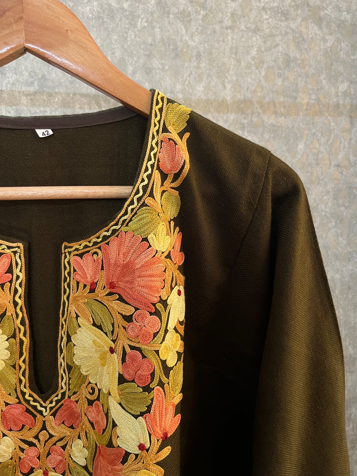 Army Green Aari Embroidered Wool Pheran