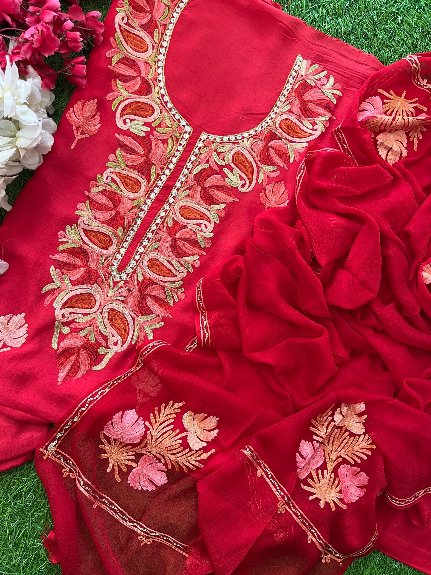 Red Opada Silk Aari Embroidered Suit material