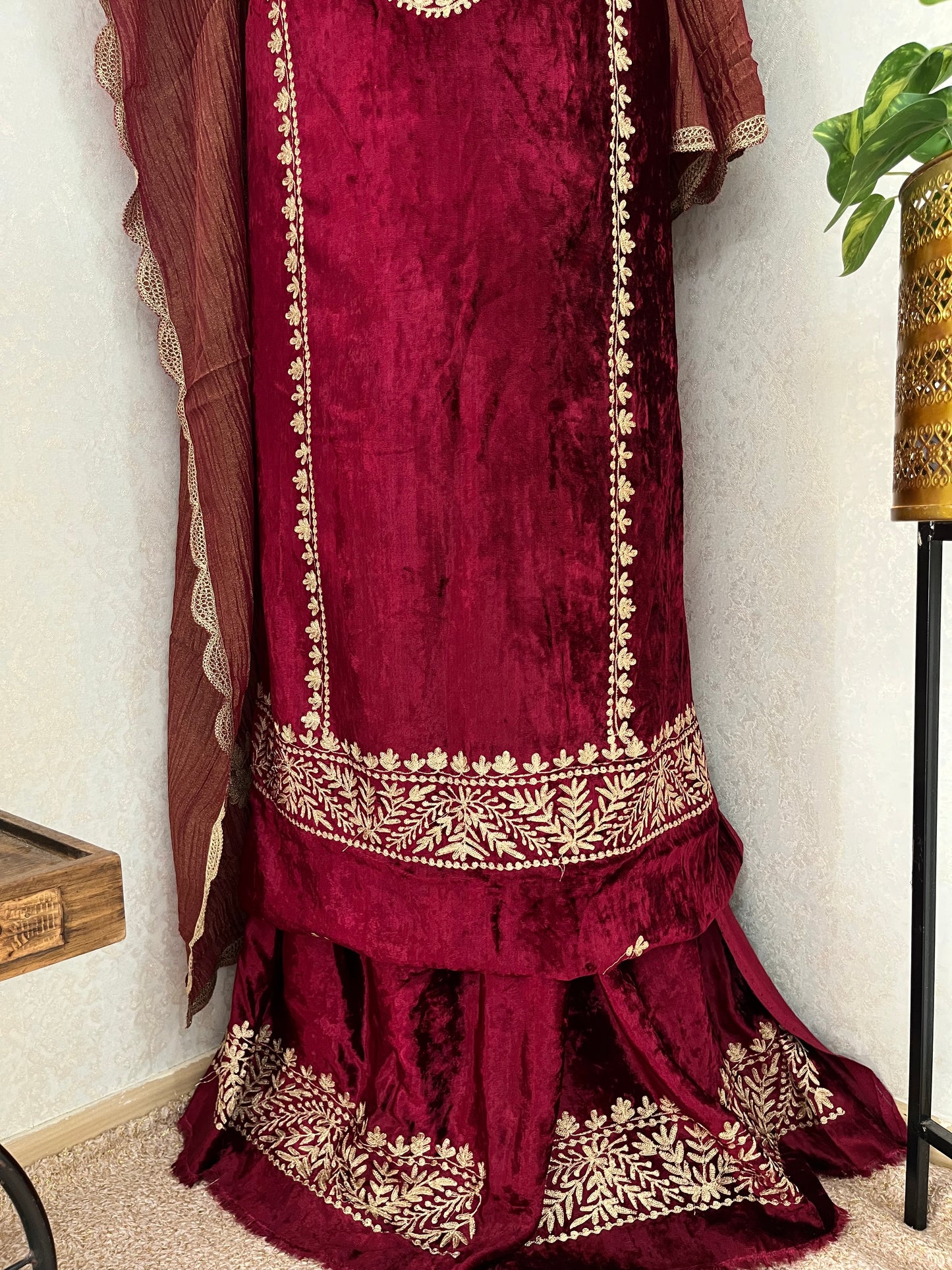 Maroon Tilla Pure Makhmal 3pc Suit