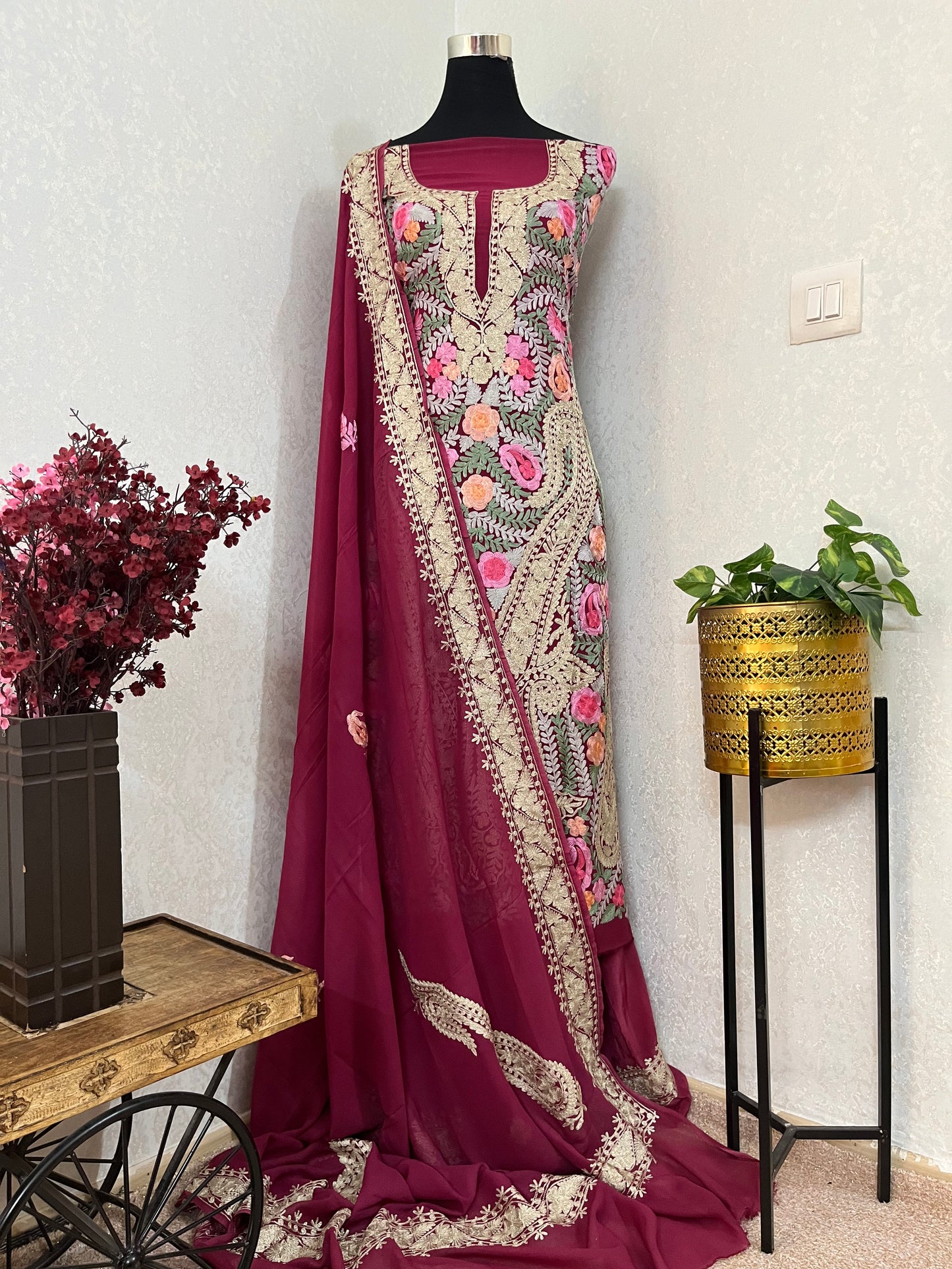 Wine Georgette 3 Pc Aari Embroidered Suit