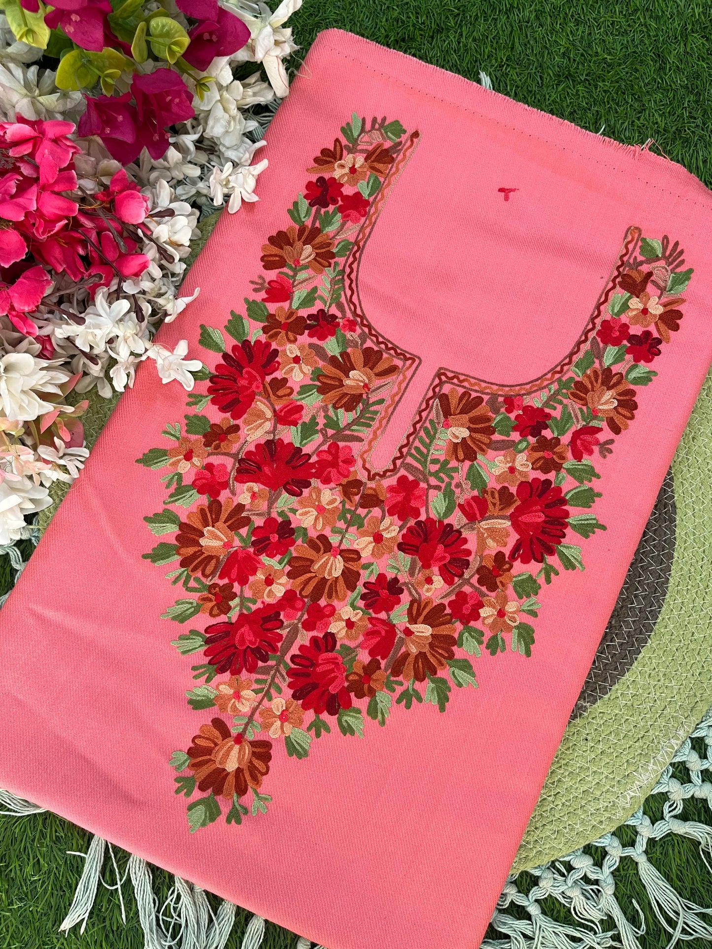 Pink Woollen Aari Embroidered 2pc suit 5mtr