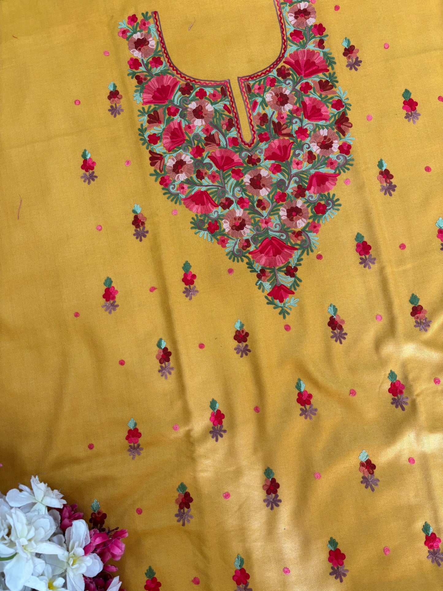 Golden Yellow Woollen Aari Embroidered 3pc suit