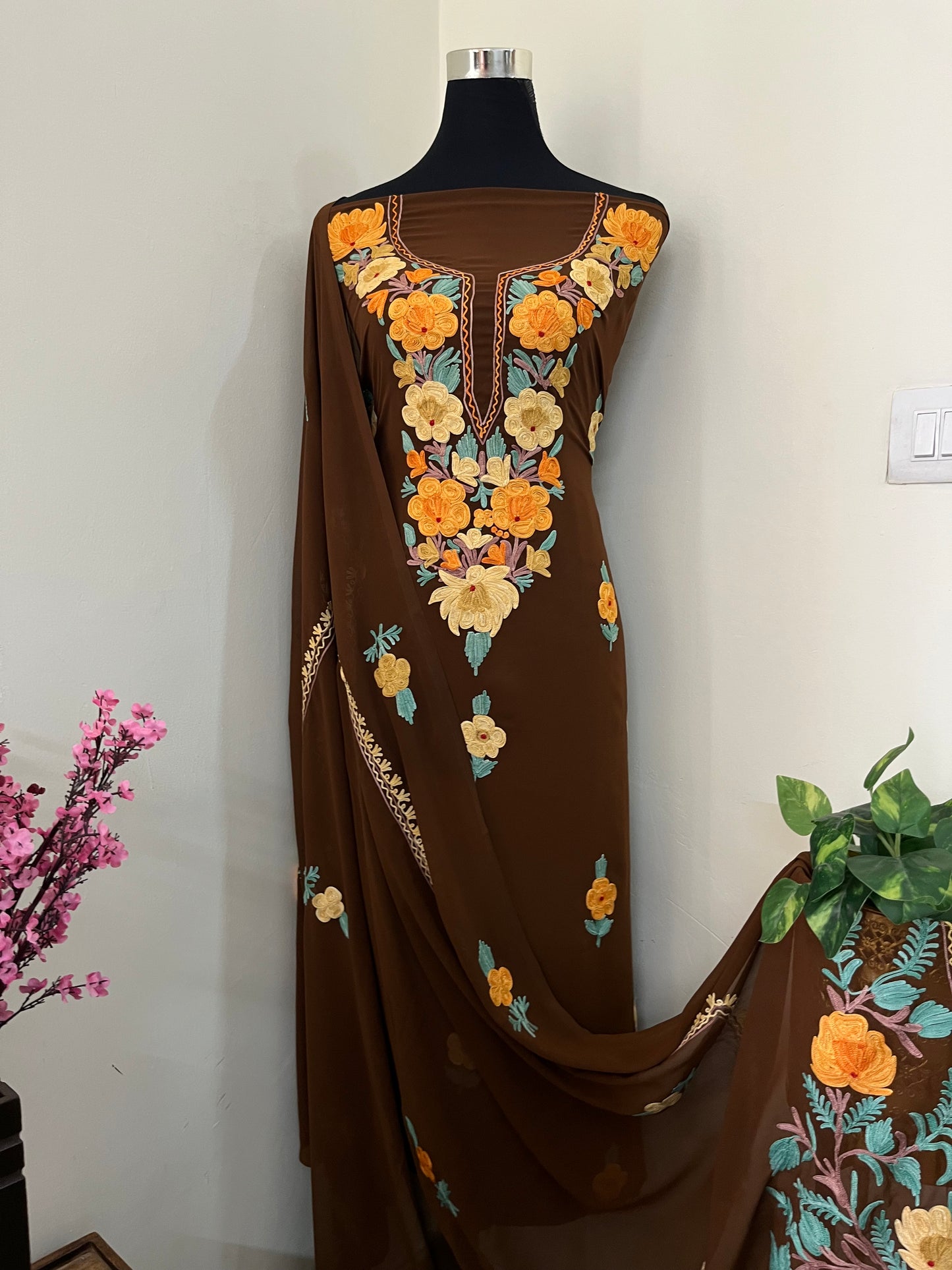 Coffee Georgette  3 Pc Aari Embroidered Suit