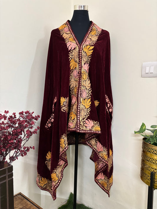 Maroon Aari Embroidered Velvet Cape