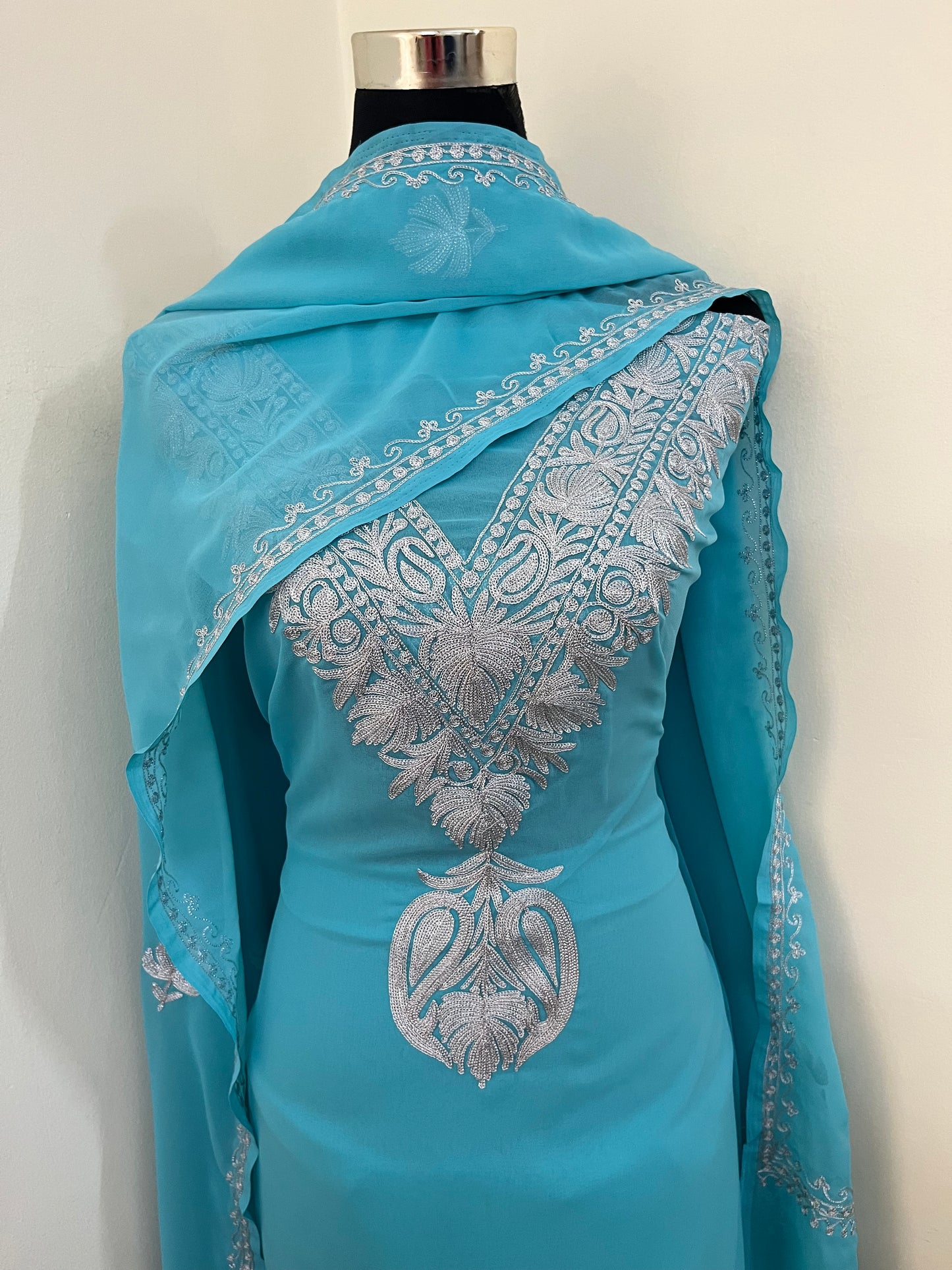 Sky blue Georgette 3pc Kashmiri Tilla Suit
