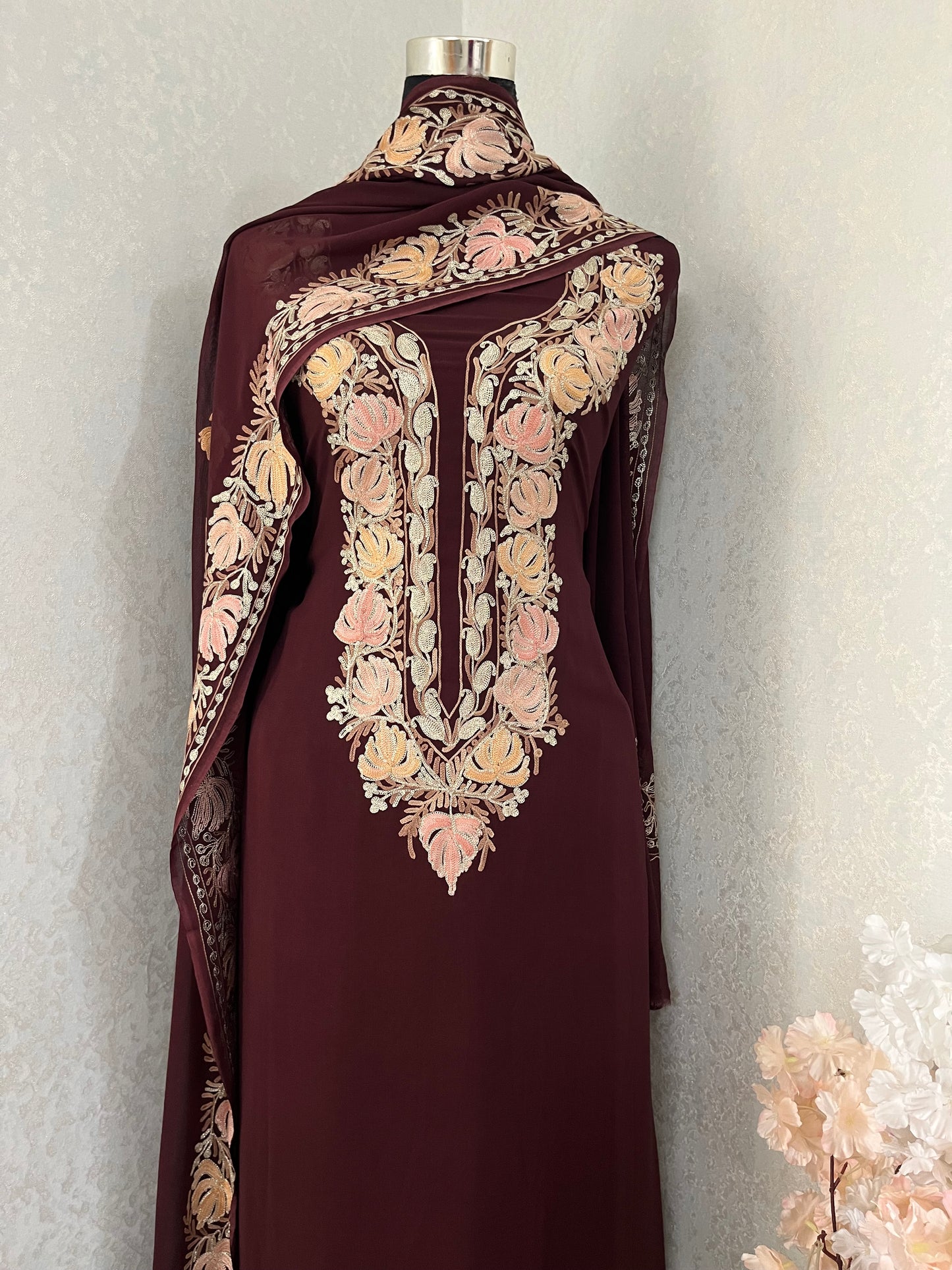 Brown Pure Georgette Kashmiri Suit