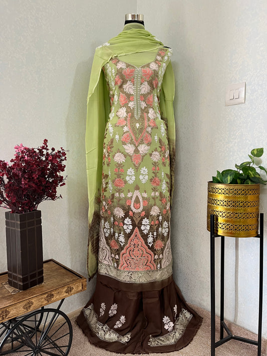 Green Pure Georgette 3 Pc Heavy Kashmiri Suit
