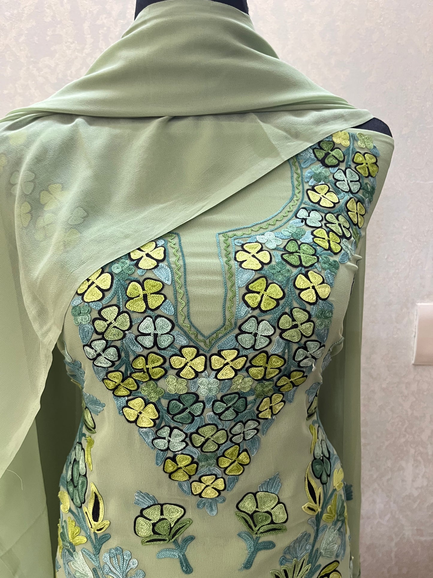 Mint Green Georgette 3 Pc Kashmiri Suit