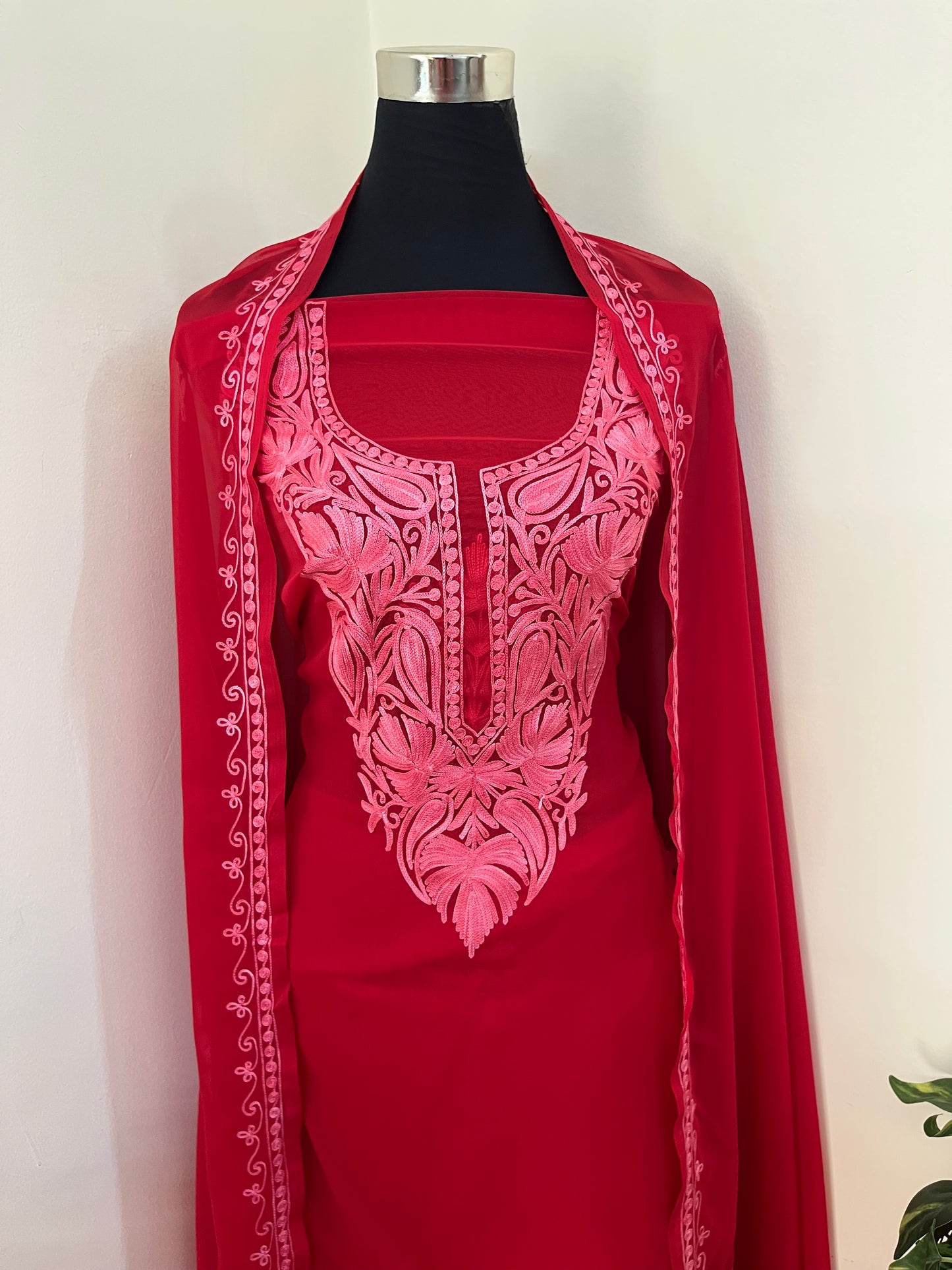 Red Georgette  3 Pc Aari Embroidered Suit Set