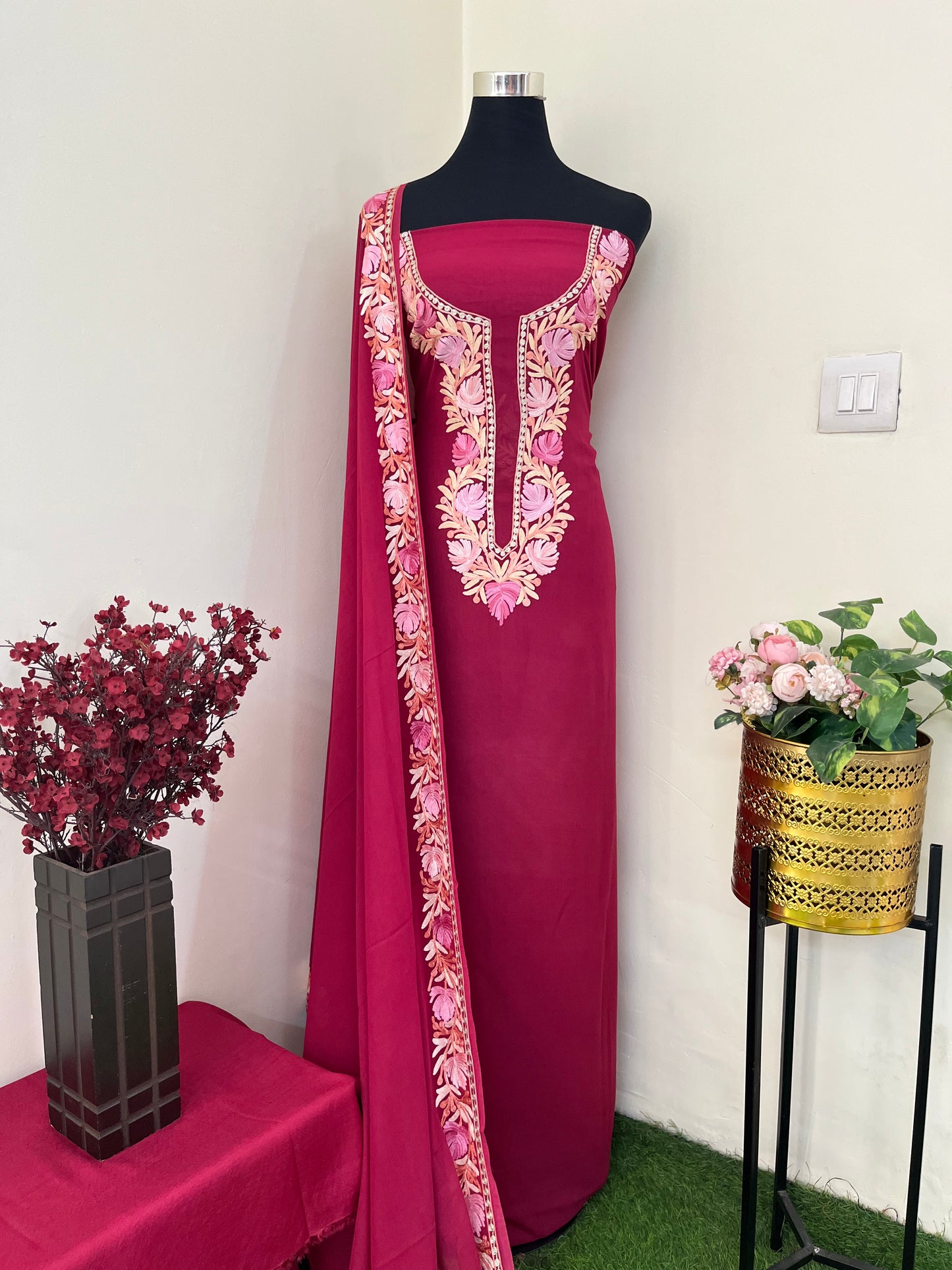 Hot Pink Pure Georgette Kashmiri Suit