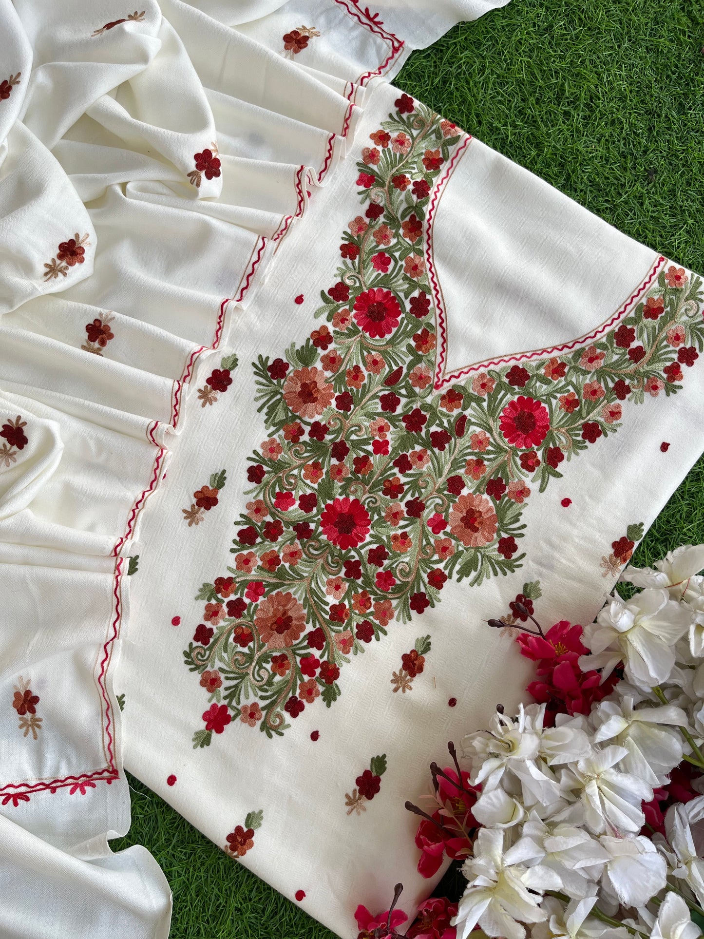 Off White Woollen Aari Embroidered 3pc suit