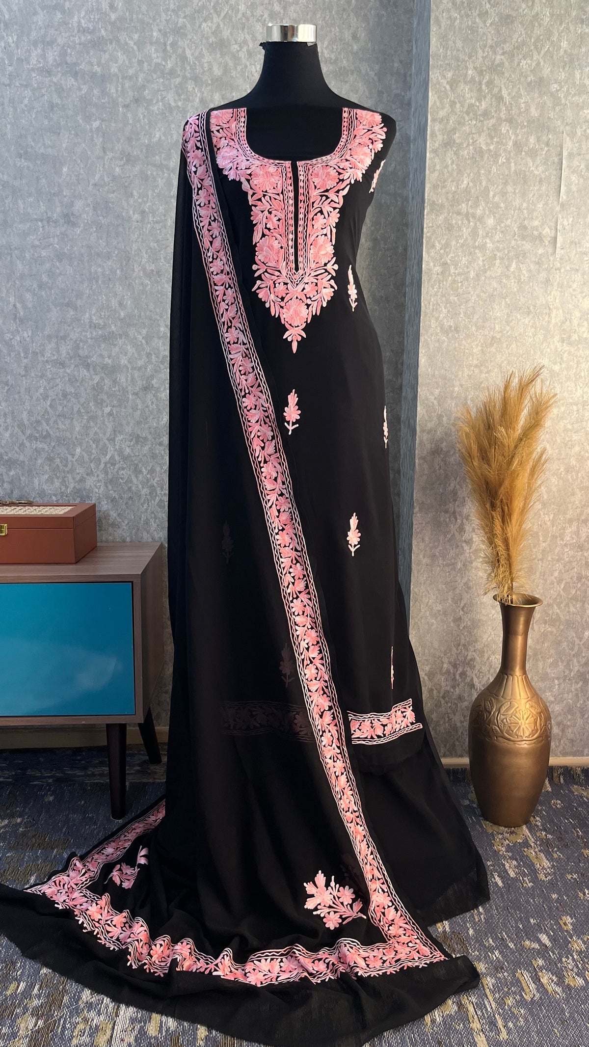 Georgette Black 3 Pc Kashmiri Suit