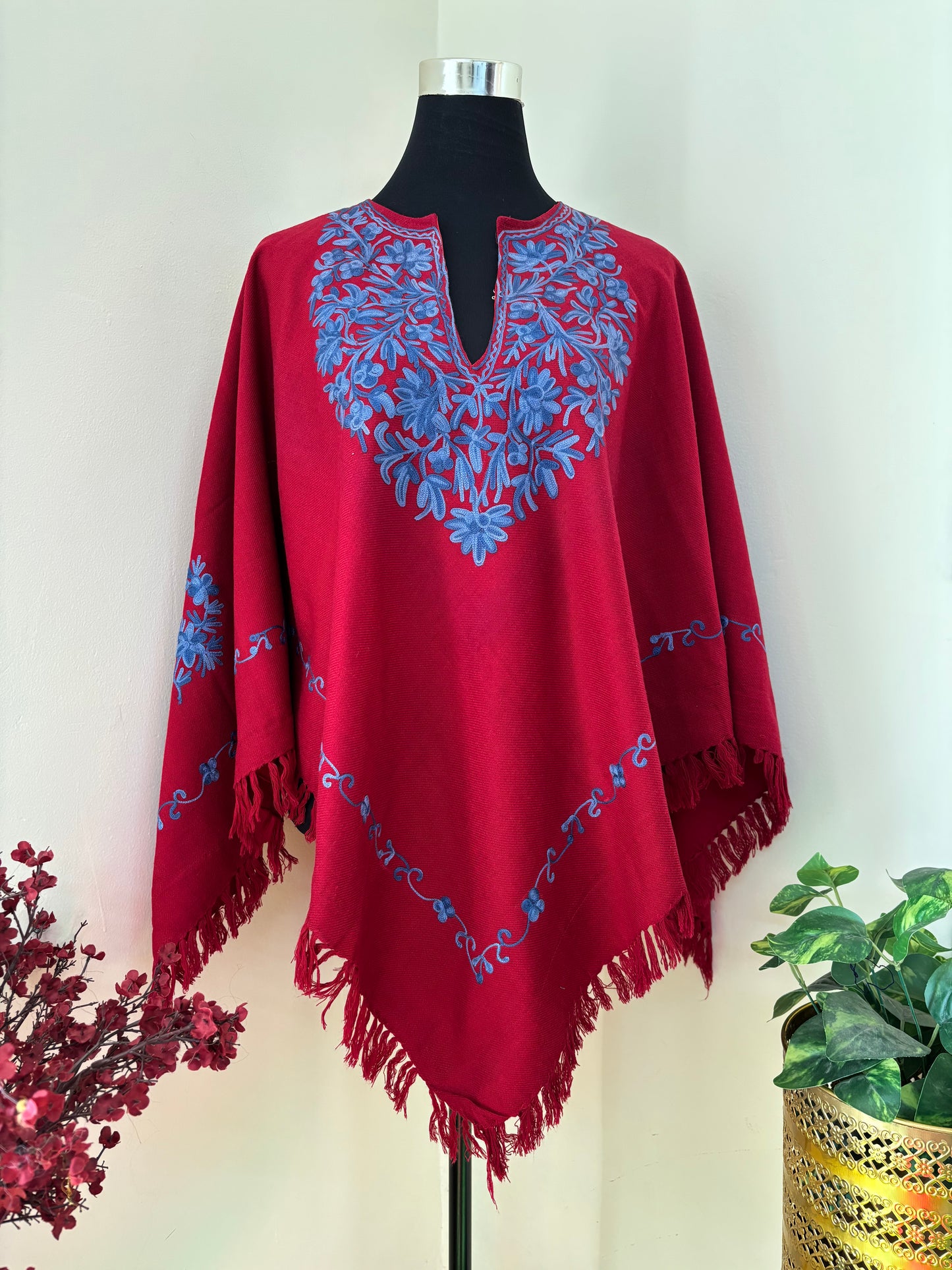 Maroon Aari Embroidered Wool Poncho