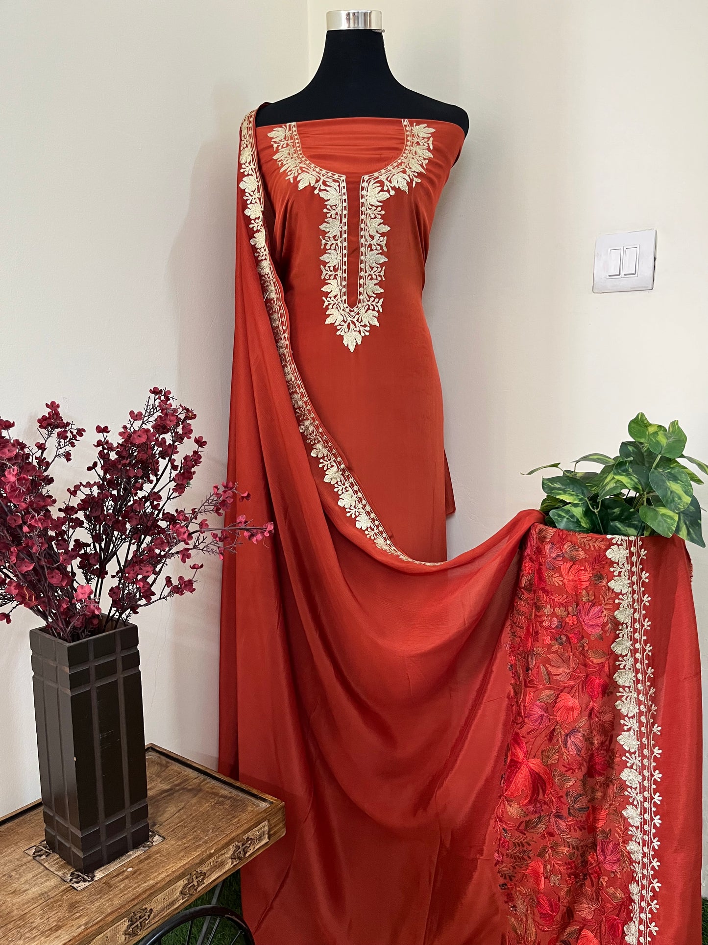 ‘Kalaa’ Rust Crape Kashmiri Suit