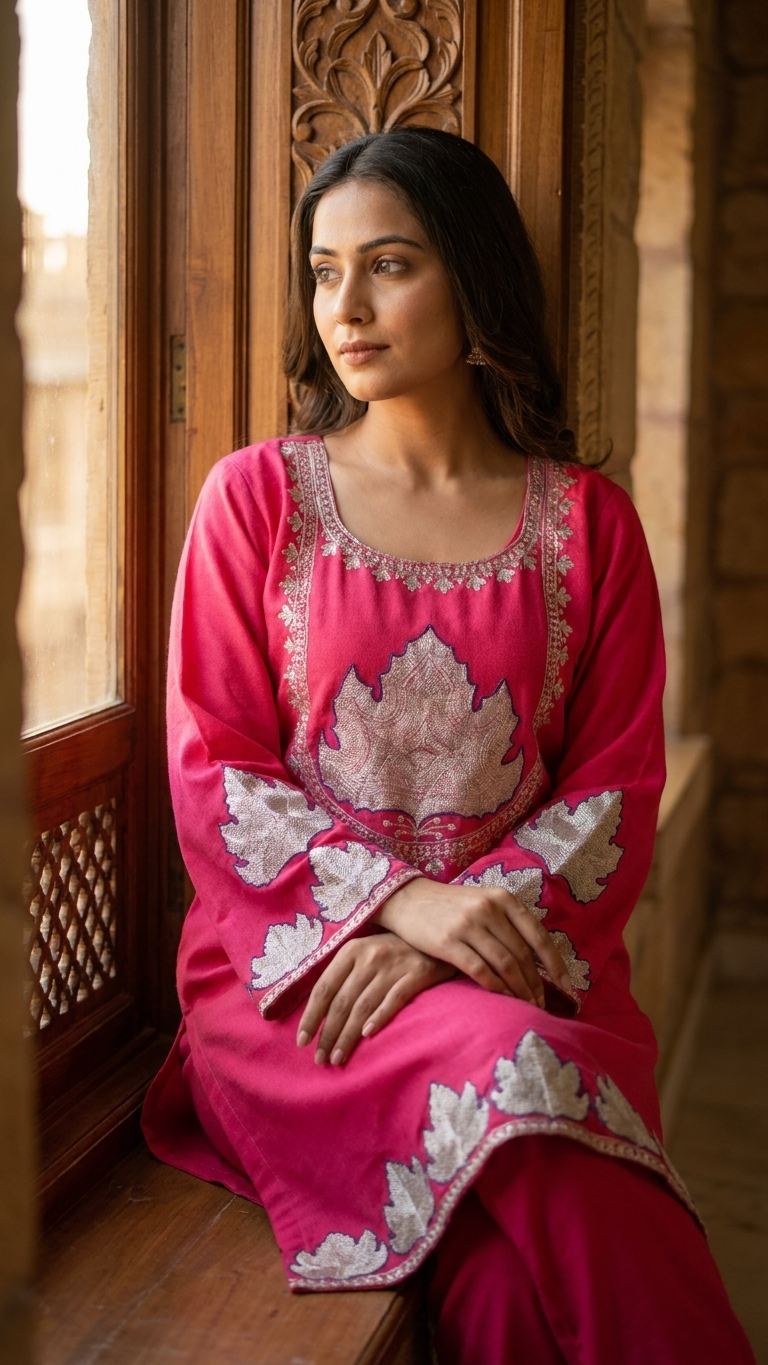 Carrot Pink Woollen Kashmiri Co-Ord Set ( Size 44)