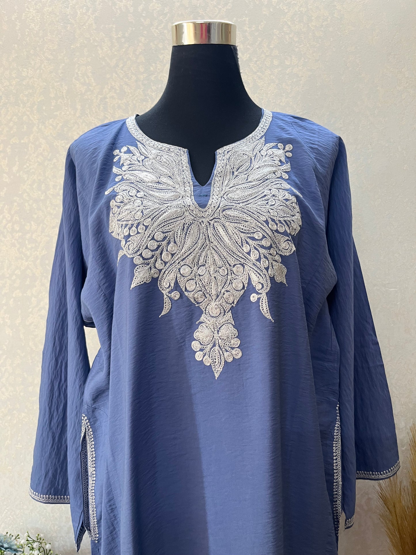 English Blue Cotton Kashmiri Pheran Set (46)