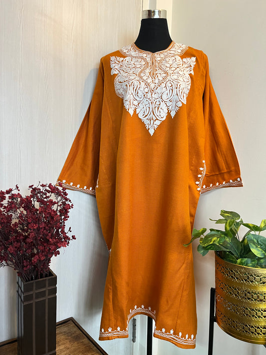 Orange Aari Embroidered Cashmilon Pheran