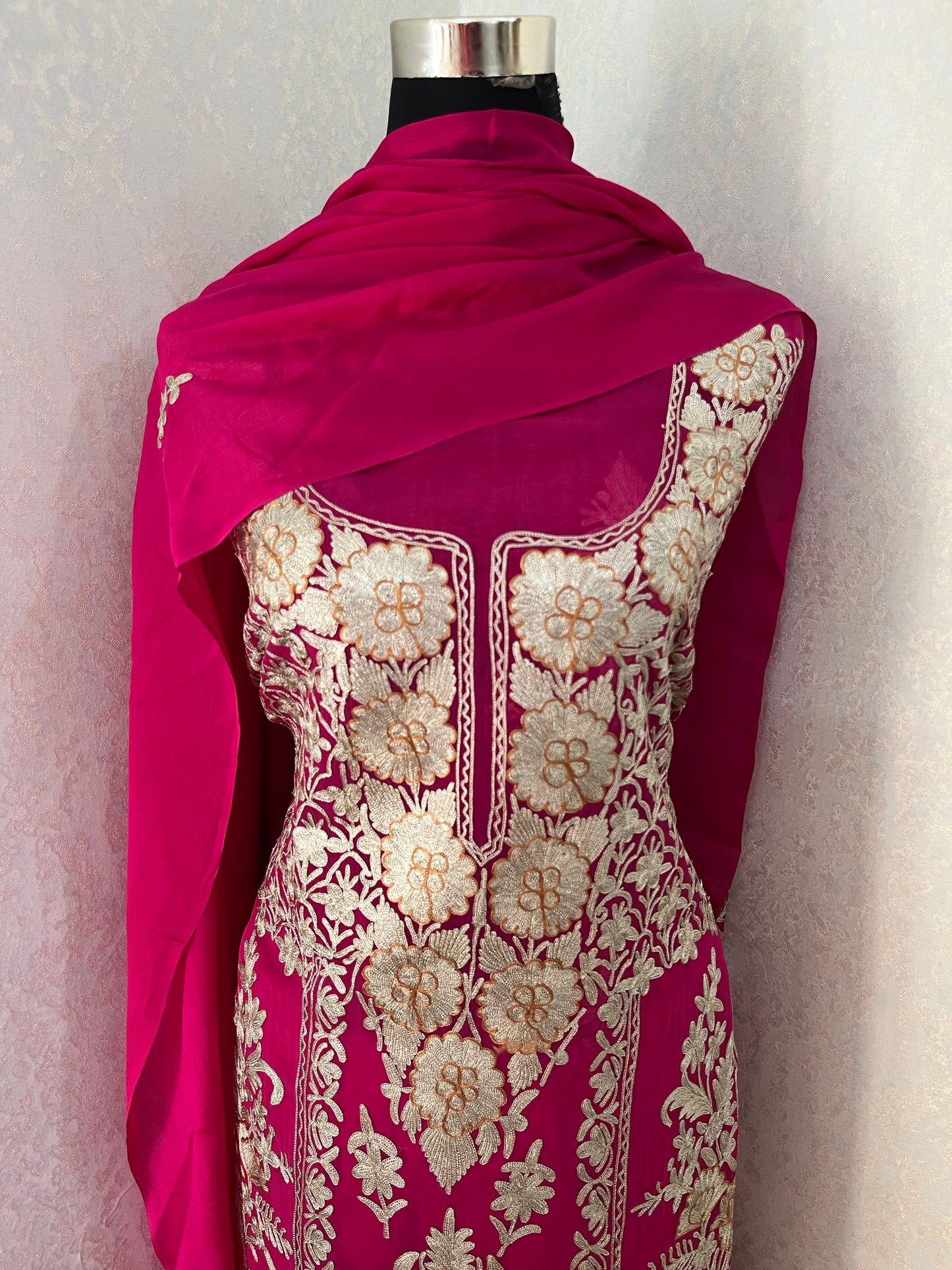 Hot Pink Pure Soft Organza 3 Pc Heavy Kashmiri Suit