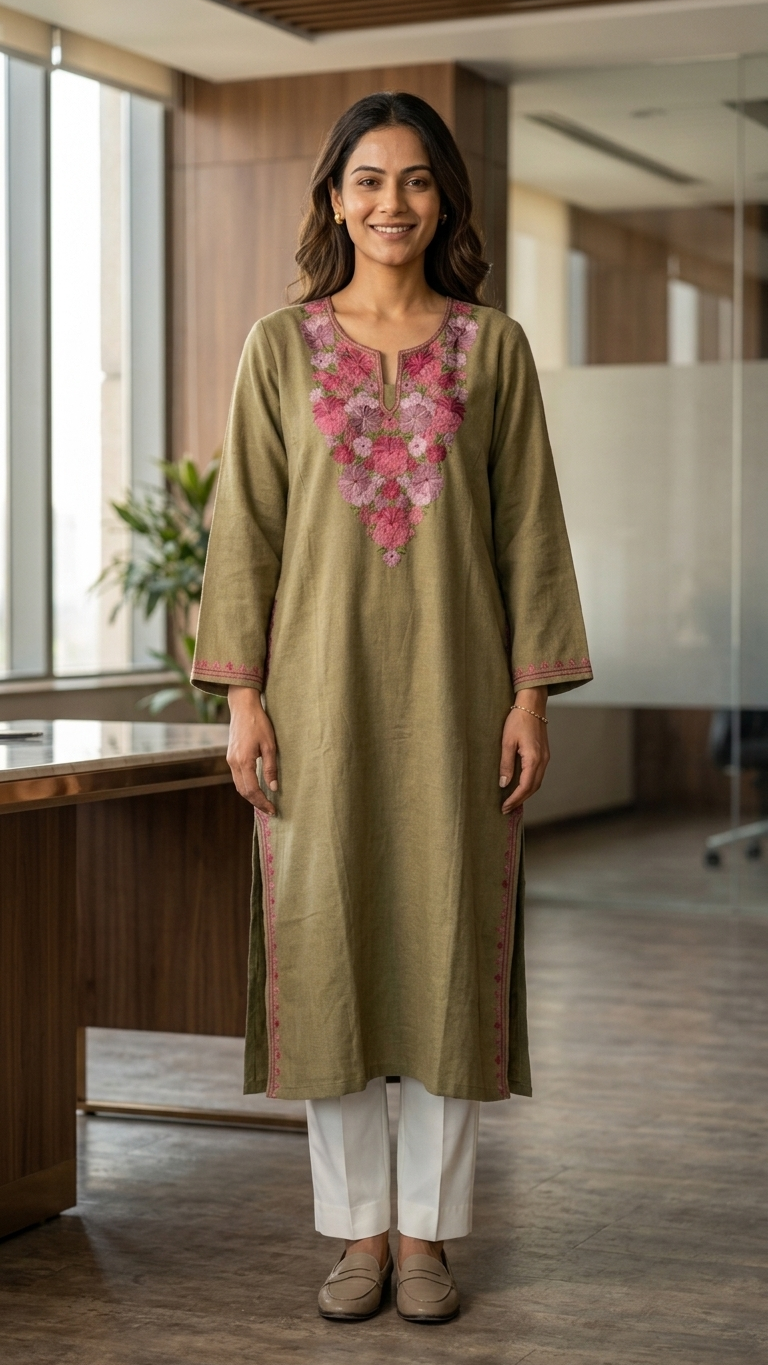 Beige Aari Embroidered Wool Pheran
