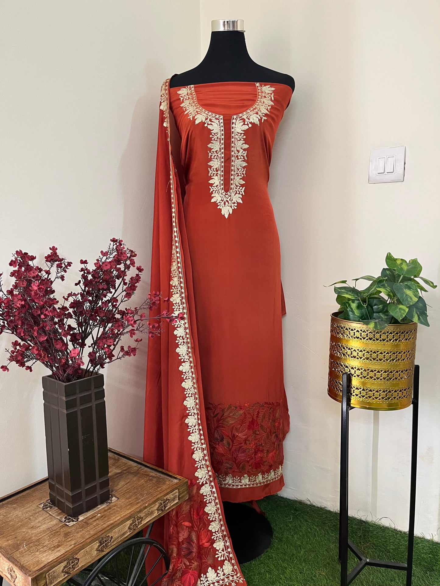 ‘Kalaa’ Rust Crape Kashmiri Suit