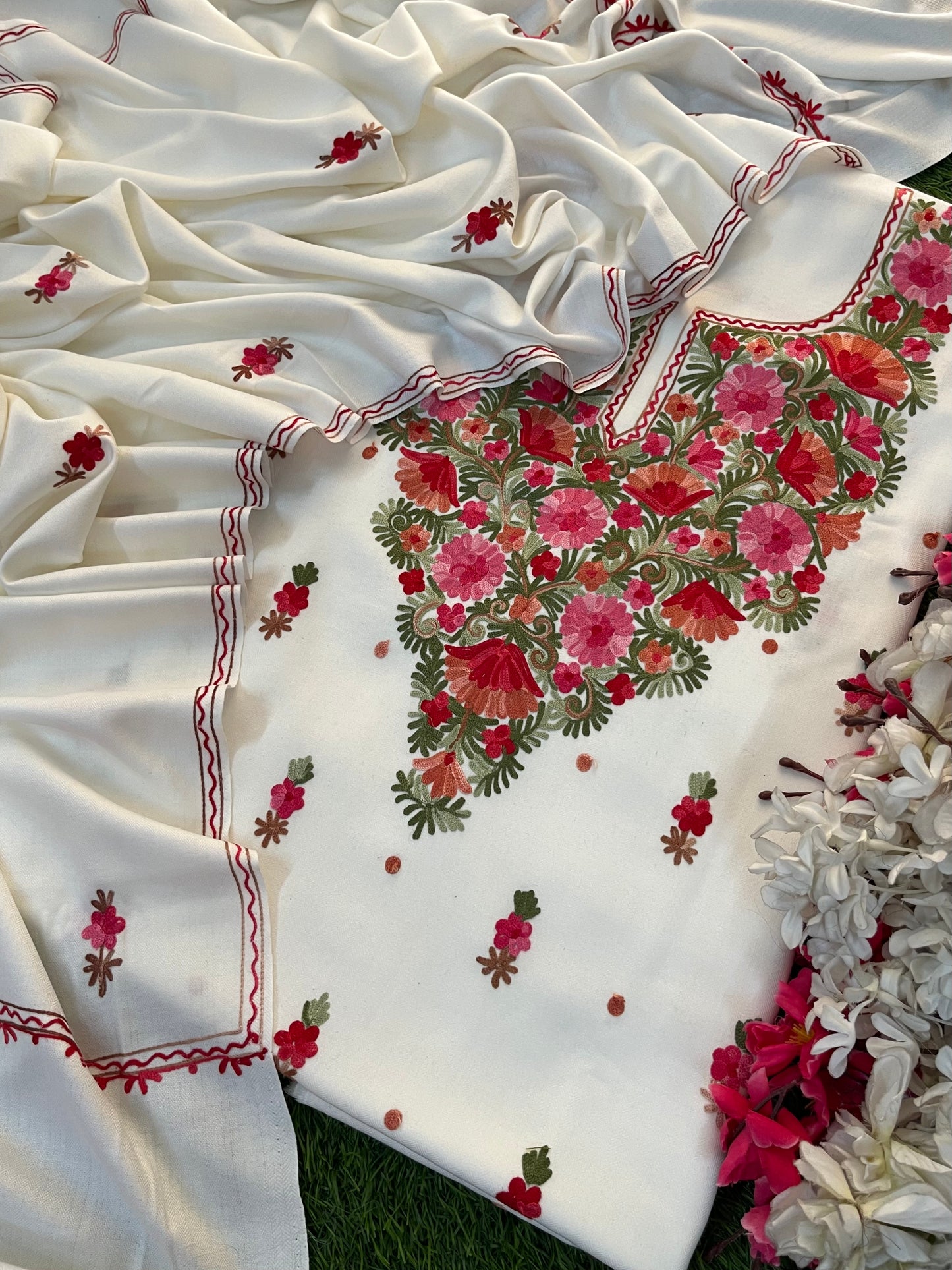 Off White Woollen Aari Embroidered 3pc suit