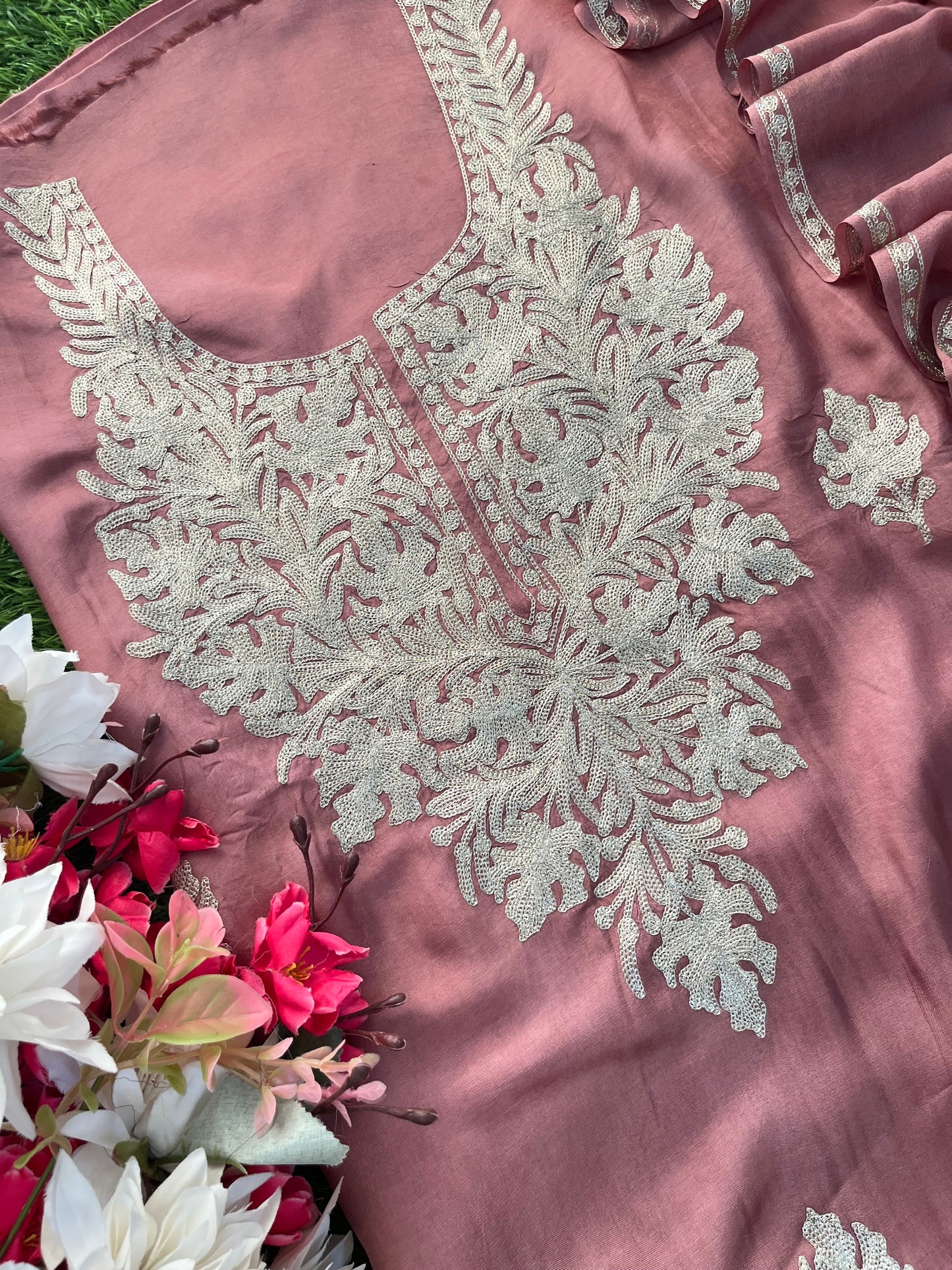 Onion Pink Silk Tilla Kashmiri Suit