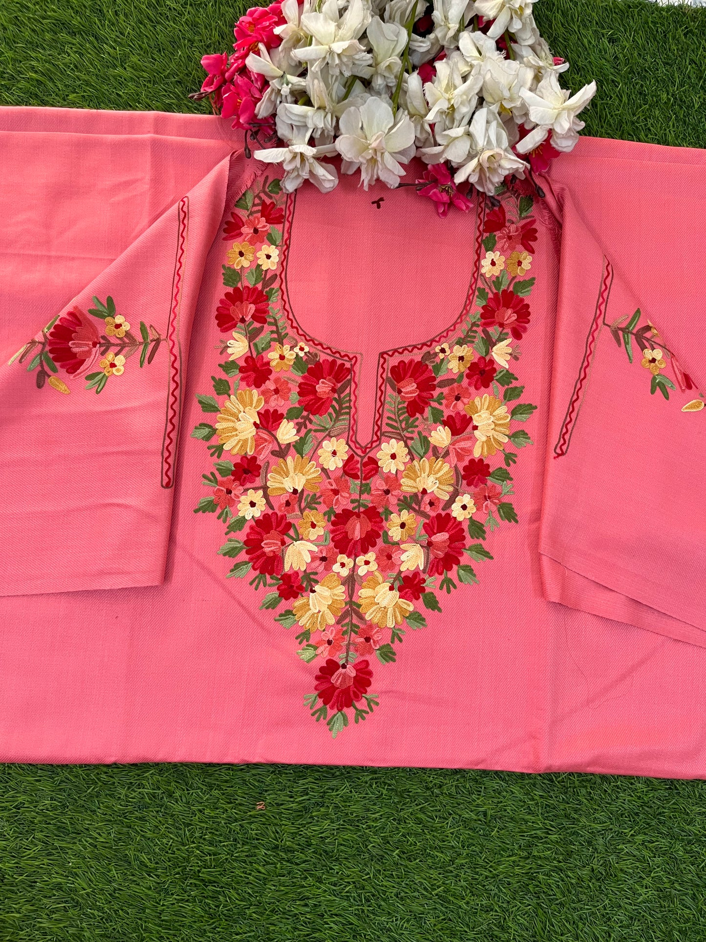 Pink Woollen Aari Embroidered 2pc suit 5mtr